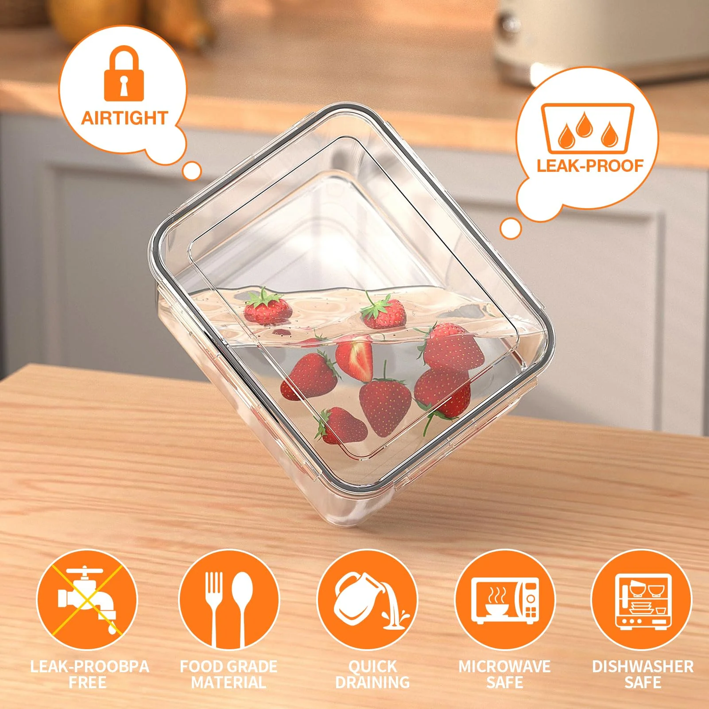 AMAZTEK Large Fruit Containers for Fridge, 5 PCS Leakproof Food Storage Containers with Removable Colander, Airtight Storage Container to Keep Berry Fruit Fresh, Dishwasher & microwave safe