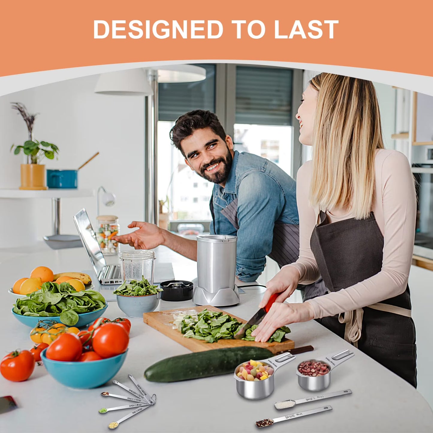 Yilush Cups and Spoons Set, 7 Stainless Steel Nesting Measuring Cups & 7 Spoons, 5 Mini Measuring Spoons &1 Leveler, Kitchen Gadgets for Cooking & Baking, Squar
