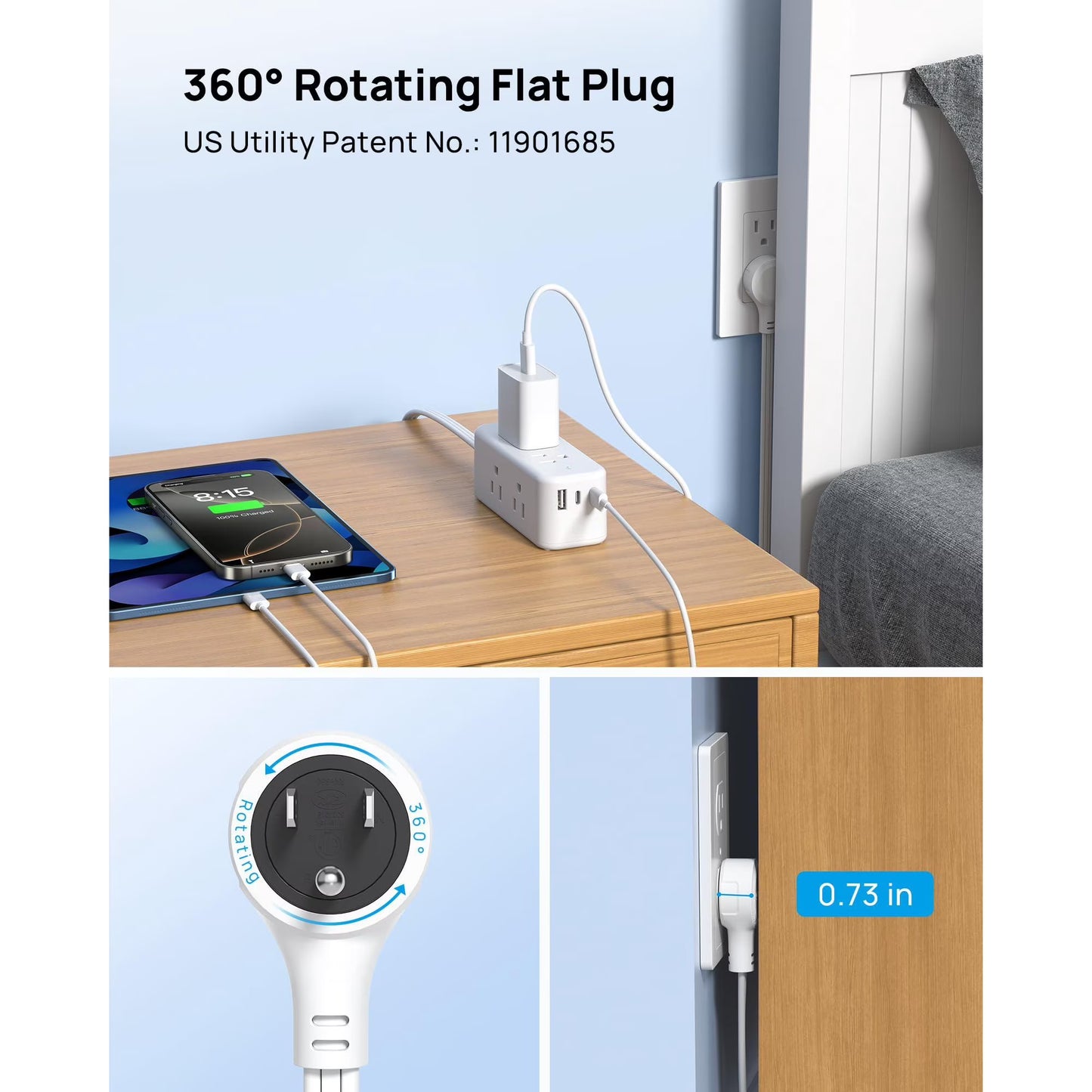 Avoben 360° rotating flat plug power strip with 6 widely spaced sockets, 2 USB-C ports and 1 USB-A port, 1440J surge protector, 5-foot extension cord, suitable for home, travel and office(Pack of 2)