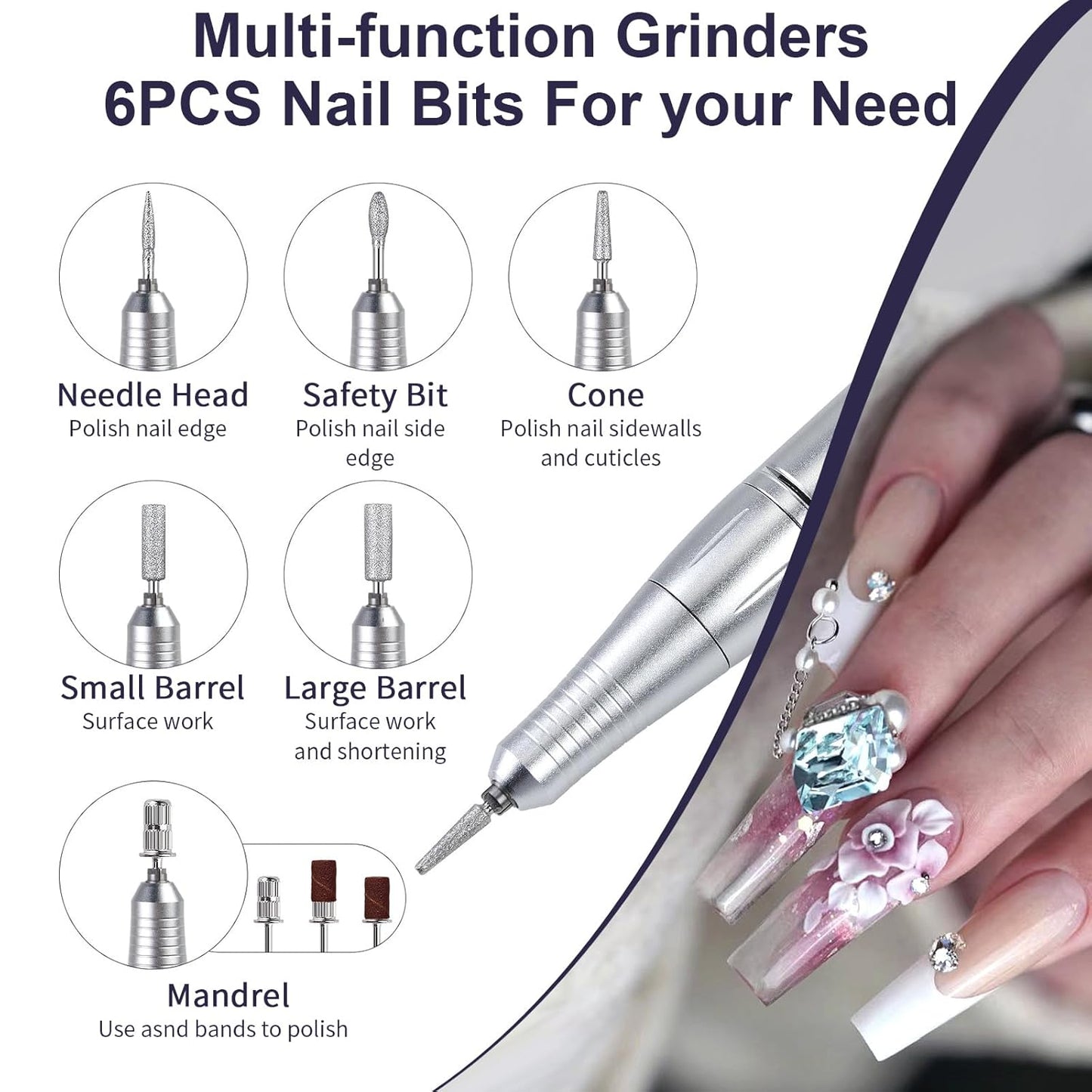 Yzhappy Electric Nail Drill Professional 45000RPM, Rechargeable Nail Drill Kit Portable Electric Nail File for Acrylic Nails Gel Polishing Removing Nail Drill Machine for Manicure Salon Home, White