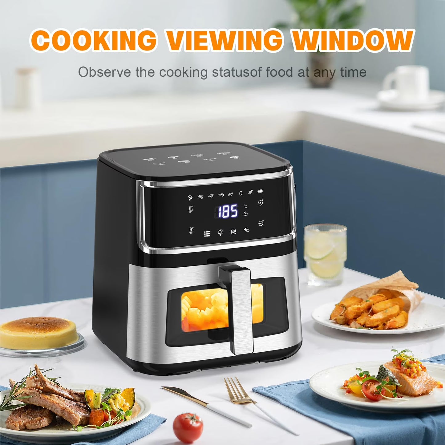 Yilush Multifunctional Digital Air Fryer+ Rotisserie, Dehydrator, Convection Oven, 17 Touch Screen Presets Fry, Roast, Dehydrate, Bake, XL 10L Family Size, Auto Shutoff, Large Easy-View Window, Black