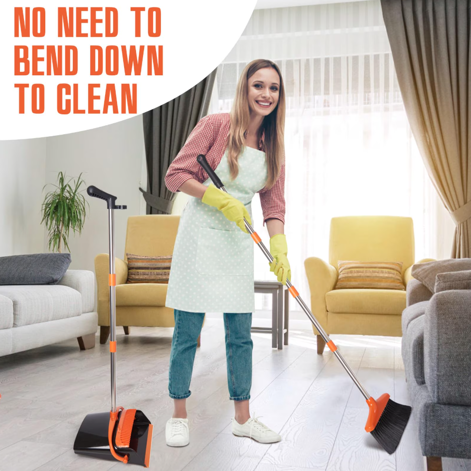 Upgrade Broom and Dustpan Set, Self-Cleaning with Dustpan Teeth, Indoor&Outdoor Sweeping, Ideal for Dog Cat Pets Home Use, Stand Up Broom and Dustpan (Gray&Orange)