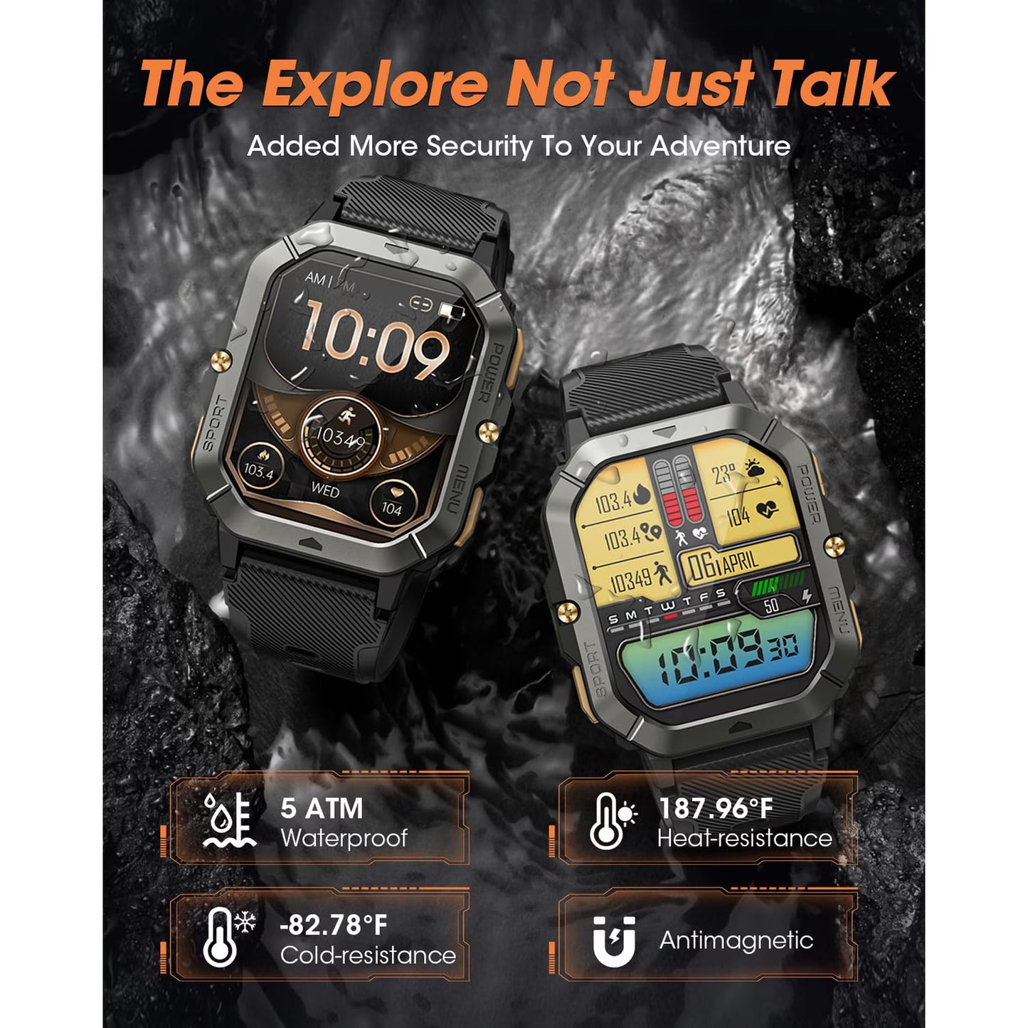 The C28 military smartwatch (can make/receive calls) is a 2.02-inch fitness smartwatch compatible with Android and Apple systems. It is a waterproof fitness tracker with body metrics/sleep monitoring