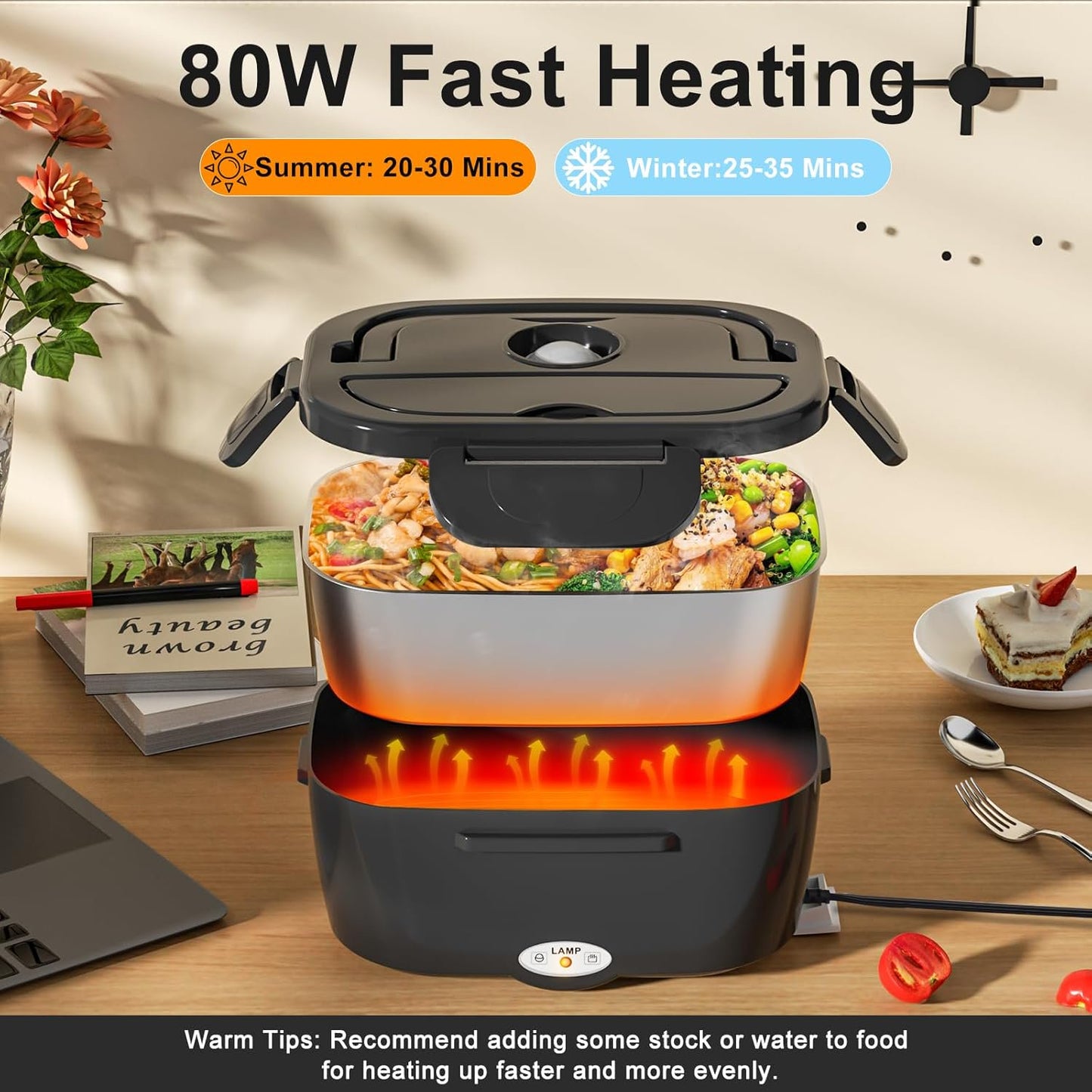 Electric Lunch Box Food Heater, 80W Portable Warmer for Car Truck Work with 304 Stainless Steel Container, 12V/24V/110V Green Heated Lunch Box Suitable for Ideal Driver/Work/Gift