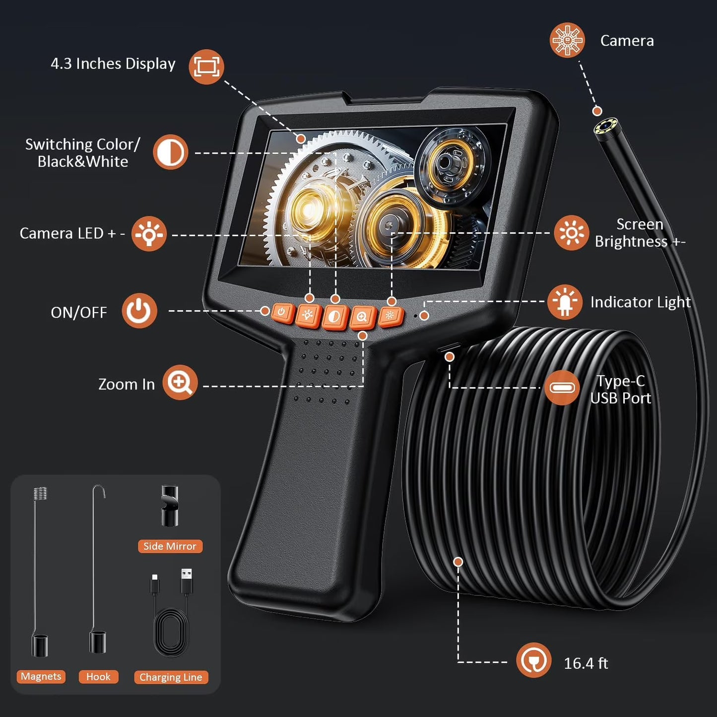 Mikhai Endoscope Camera with Light: 4.3" Inspection Borescope Camera for Sewer - 16.4ft Waterproof Industrial Endoscope - Flexible Snake Bore Scope for Plumbing Automotive