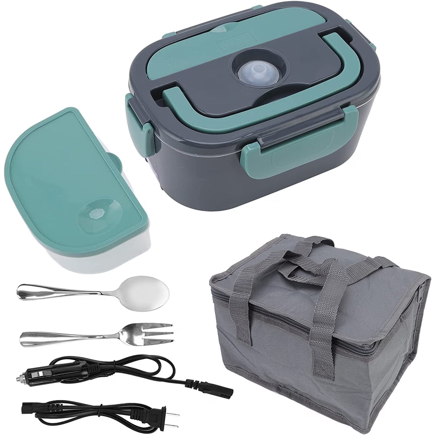 Carestrong Electric-Lunch-Box-Heated-Food-Warmer 40W Heating Lunchbox for Adults 1.5L Portable Food Heater for Work/Car, 12V/24V/110-240V Portable Electric with Fork Spoon (black+Green)