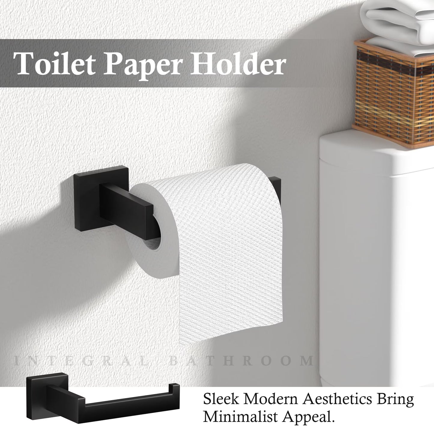 Matte Black 5-Piece Square Bathroom Hardware Set,40cm Towel Bar,Toilet Paper Holder,Towel Ring,and 2 Towel Hooks,SUS 304 Stainless Steel Bathroom Accessories,Wall Mounted Towel Rack Kit（Black）