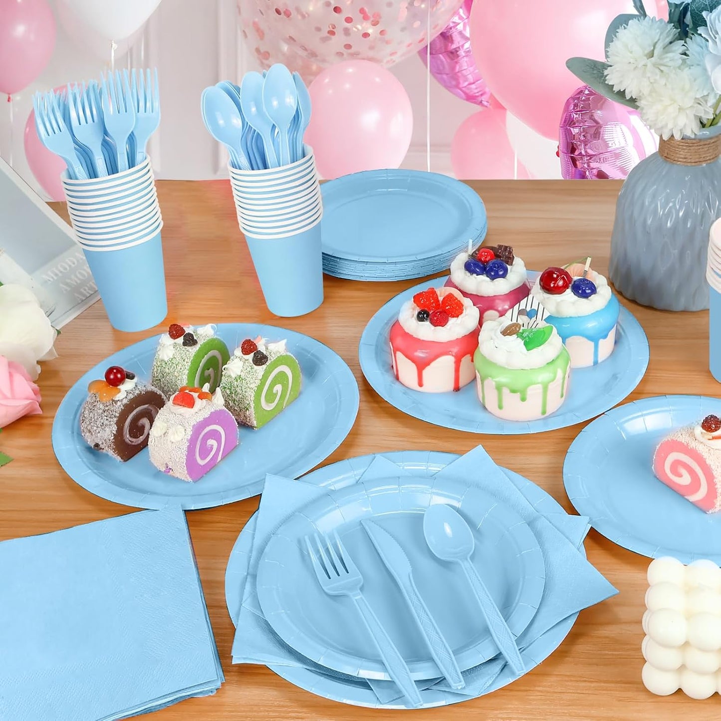 175PCS Light Blue Paper Plates and Napkins, Blue Disposable Plates Set for Baby Shower Gender Reveal Birthday Party Supplies Serve 25 Guests