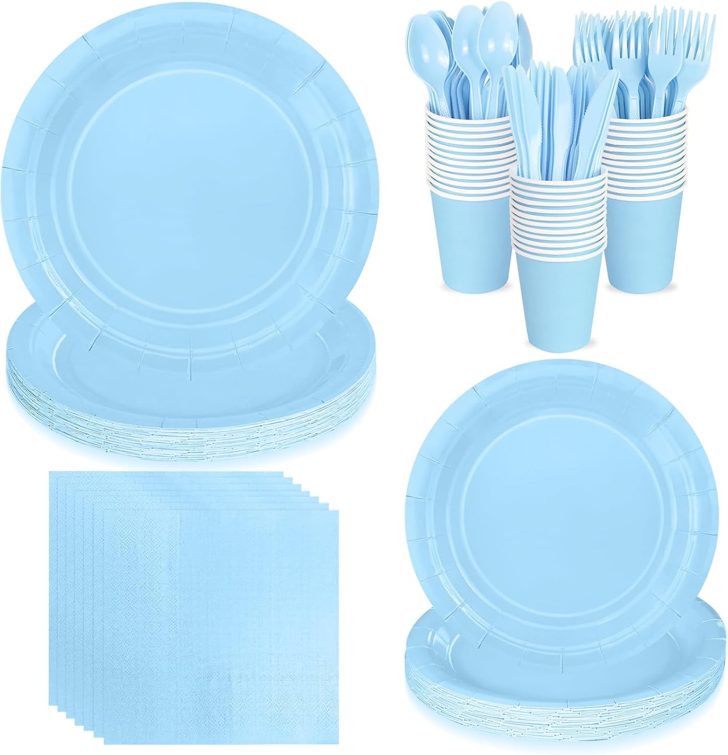 175PCS Light Blue Paper Plates and Napkins, Blue Disposable Plates Set for Baby Shower Gender Reveal Birthday Party Supplies Serve 25 Guests