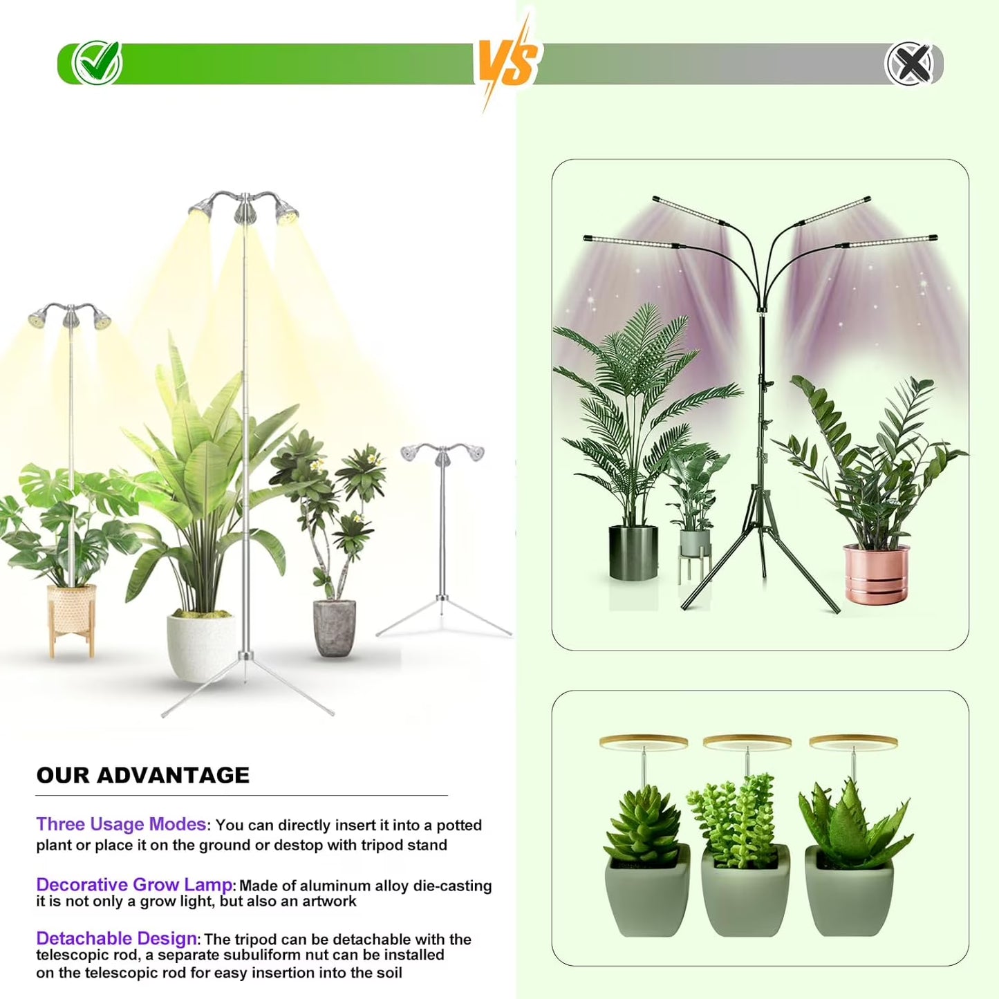 Mikhai Grow Lights for Indoor Plants Full Spectrum with Detachable Tripod Stand, 10-55 Inches Height Adjustable Aluminum Alloy Indoor Plant Grow Lamp with Auto On/Off Timer Function,grow light