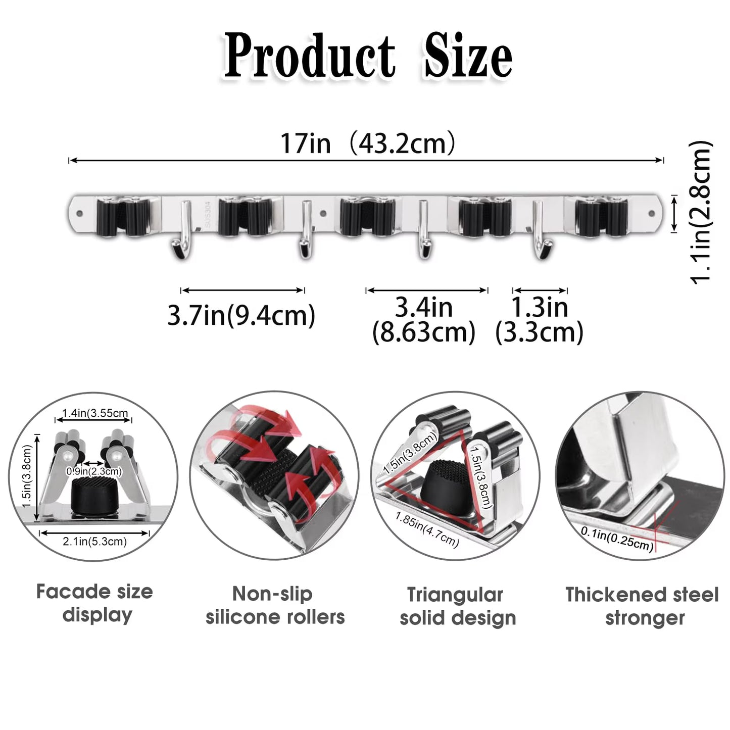 Mikhai 5 Racks and 4 Hooks Mop and Broom Holder Wall Mount, Broom Organizer Storage Tool Racks Stainless Steel Heavy Duty Hooks Self Adhesive Solid Non-slip for Home Kitchen Garden Laundry Garage