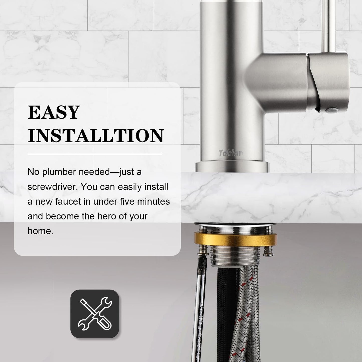 Mikhai Kitchen Faucets with Pull Down Sprayer, Brushed Nickel, High Arc Single Handle Classic Stainless Steel Sink Faucet 1 Hole, Suitable for Farmhouse Camper Laundry Rv Bar, White