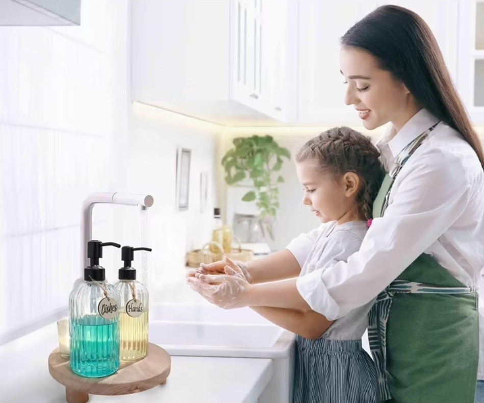 2PACK Glass Soap Dispenser with Rust Proof Stainless Steel Pump, Refillable Hand Soap Dispenser with Vertical Stripe, Premium Bathroom soap Dispenser for Kitchen & Bathroom
