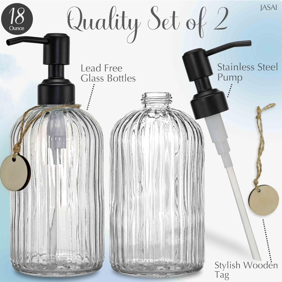 2PACK Glass Soap Dispenser with Rust Proof Stainless Steel Pump, Refillable Hand Soap Dispenser with Vertical Stripe, Premium Bathroom soap Dispenser for Kitchen & Bathroom