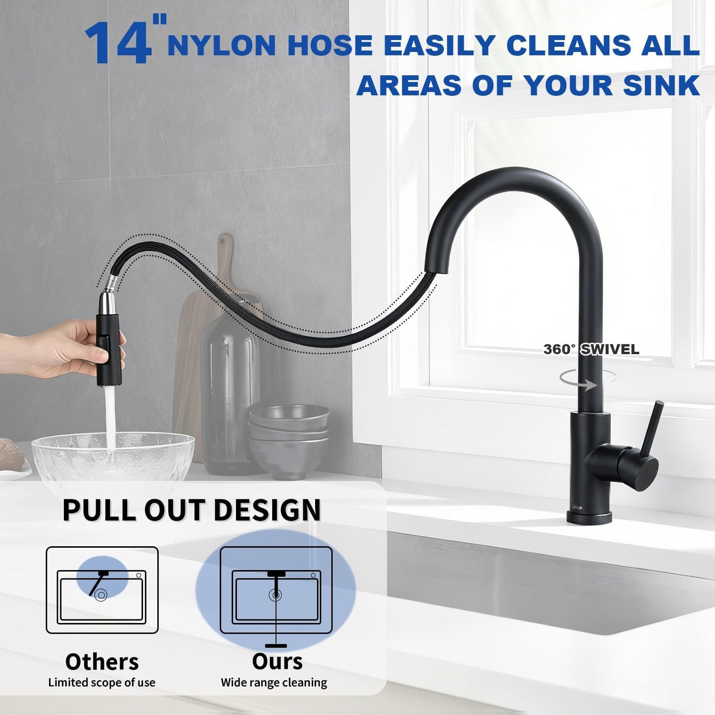 Mikhai Kitchen Faucets with Pull Down Sprayer, Brushed Nickel, High Arc Single Handle Classic Stainless Steel Sink Faucet 1 Hole, Suitable for Farmhouse Camper Laundry Rv Bar, Black