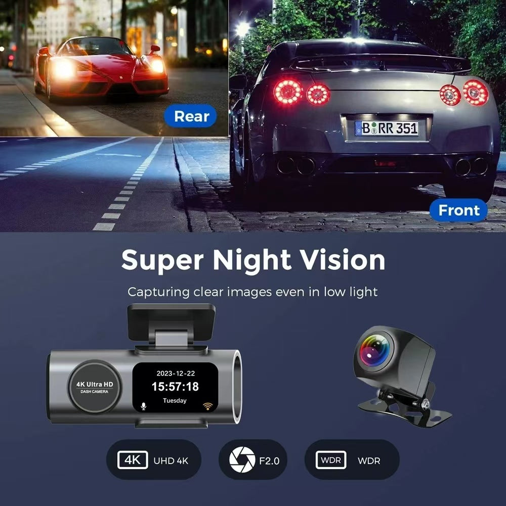 Dash Cam Front and Rear, 4K Dash Cam with WiFi & GPS, 4K/2.5K Front+1080P Rear Car Camera with View Night Vision, LCD Screen Display, Loop Recording,Black