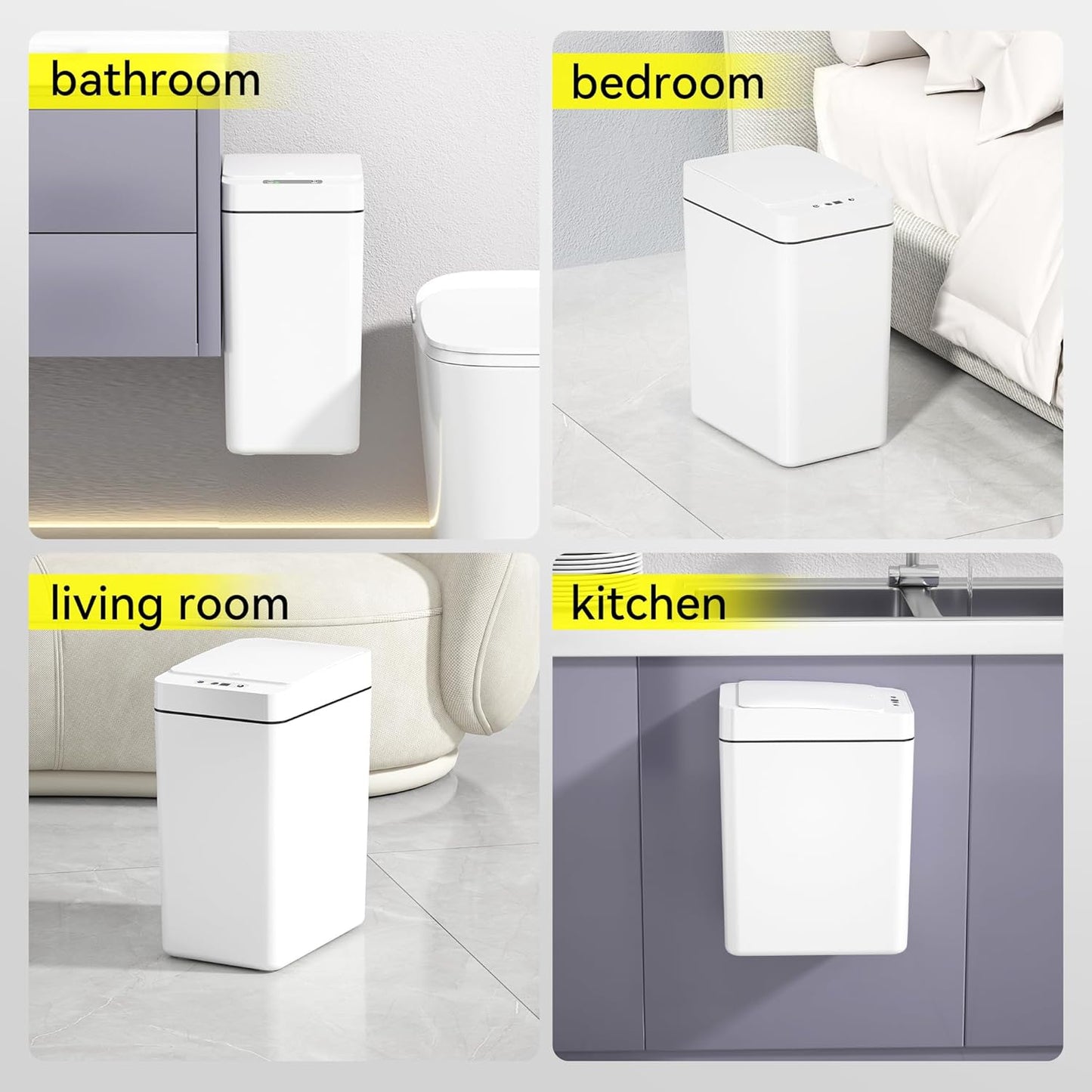IRINNA Bathroom Small Trash Can with Lid, 2.6 Gallon Touchless Automatic Garbage Can Slim Waterproof Motion Sensor Smart Trash Bin for Bedroom, Office, Kitchen, Living Room (White)