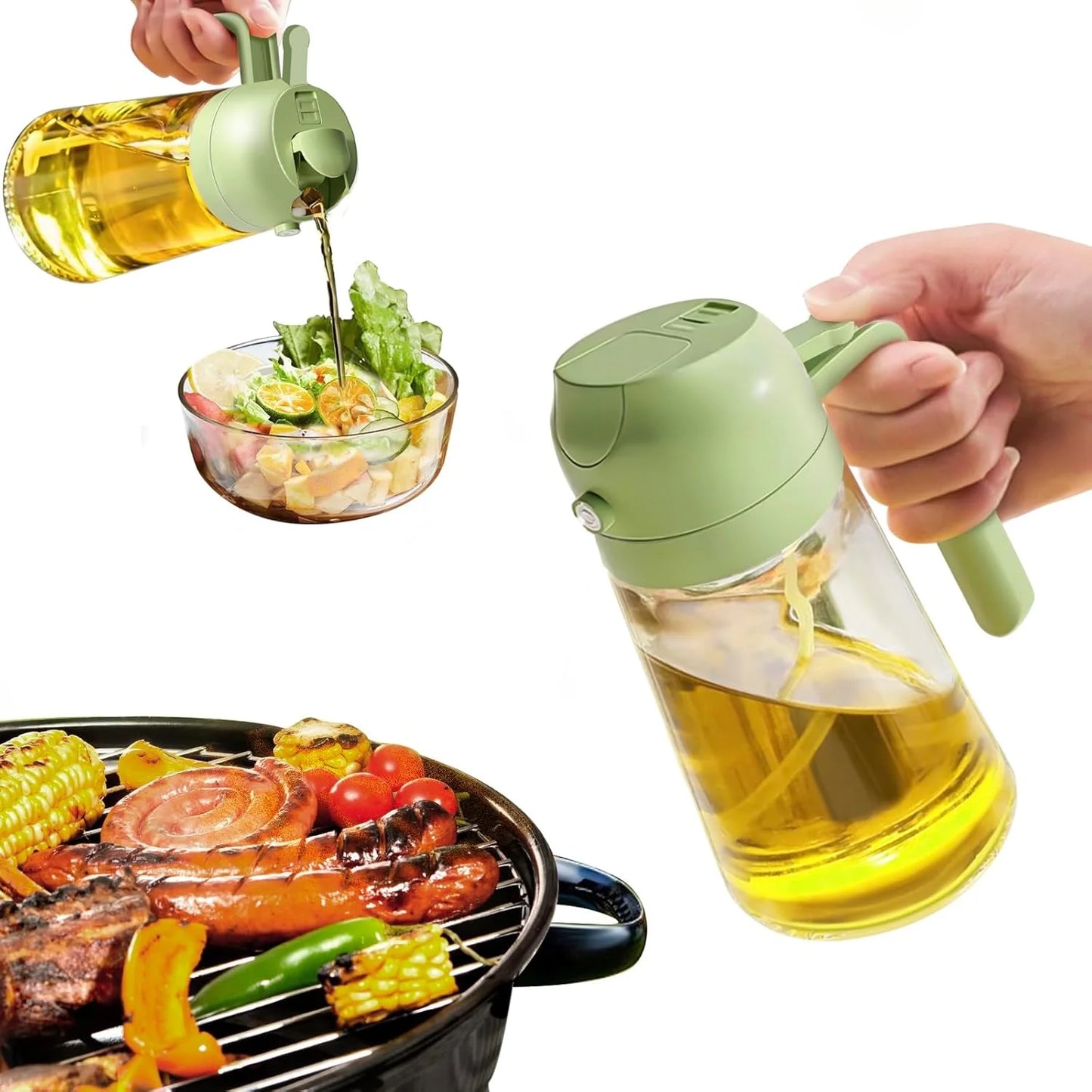 Olive Oil Dispenser Bottle for Kitchen，2 in 1 Oil Sprayer for Cooking, 18oz/600ml Glass Oil Spray Bottle with Pourer, Food-grade Oil Mister for Air Fryer, Salad, Frying, BBQ (2PCSGreen)