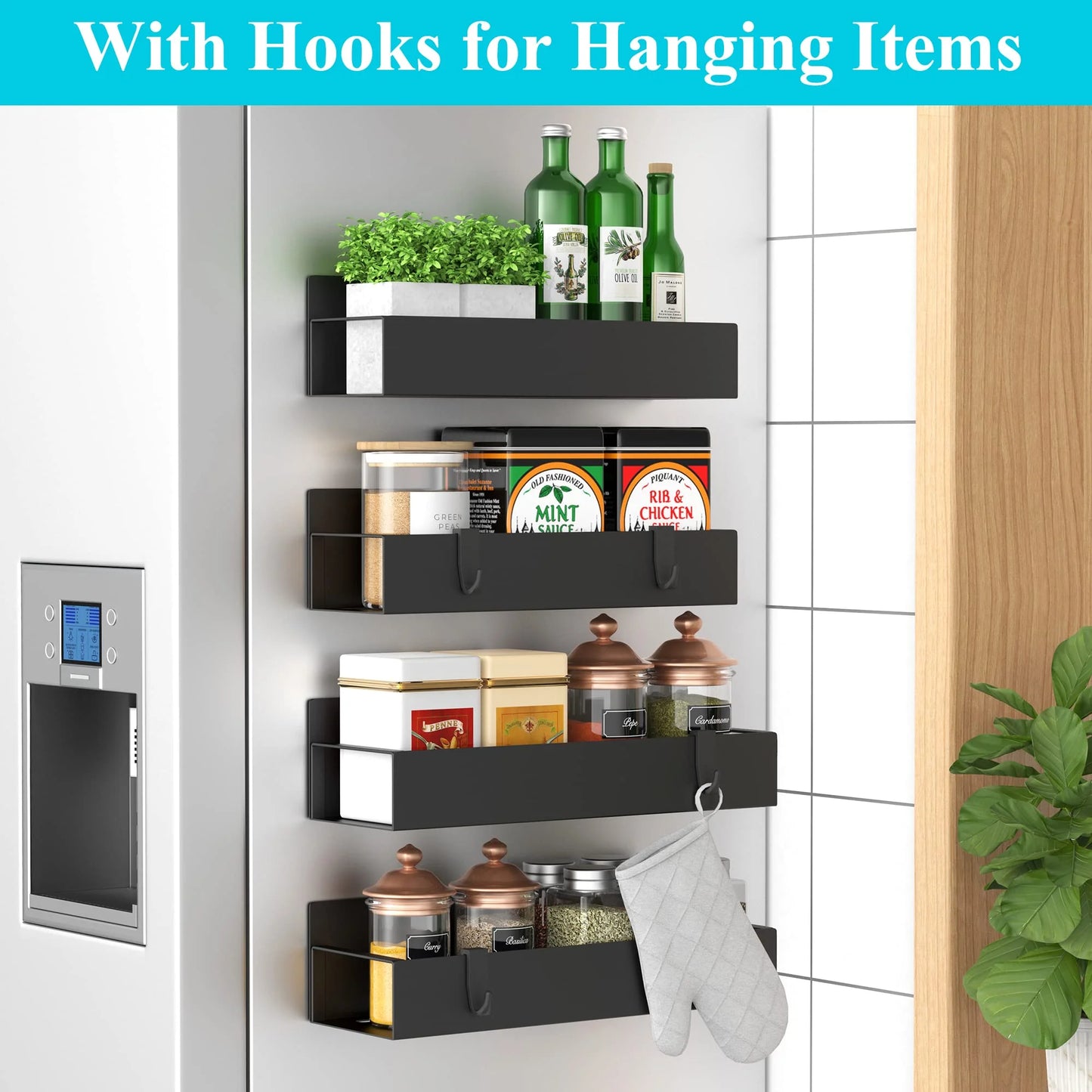 Magnetic Spice Rack Organizer, 4 Pack Moveable Fridge Spice Shelves for Refrigerator and Oven, Metal Refrigerator Shelf-Black