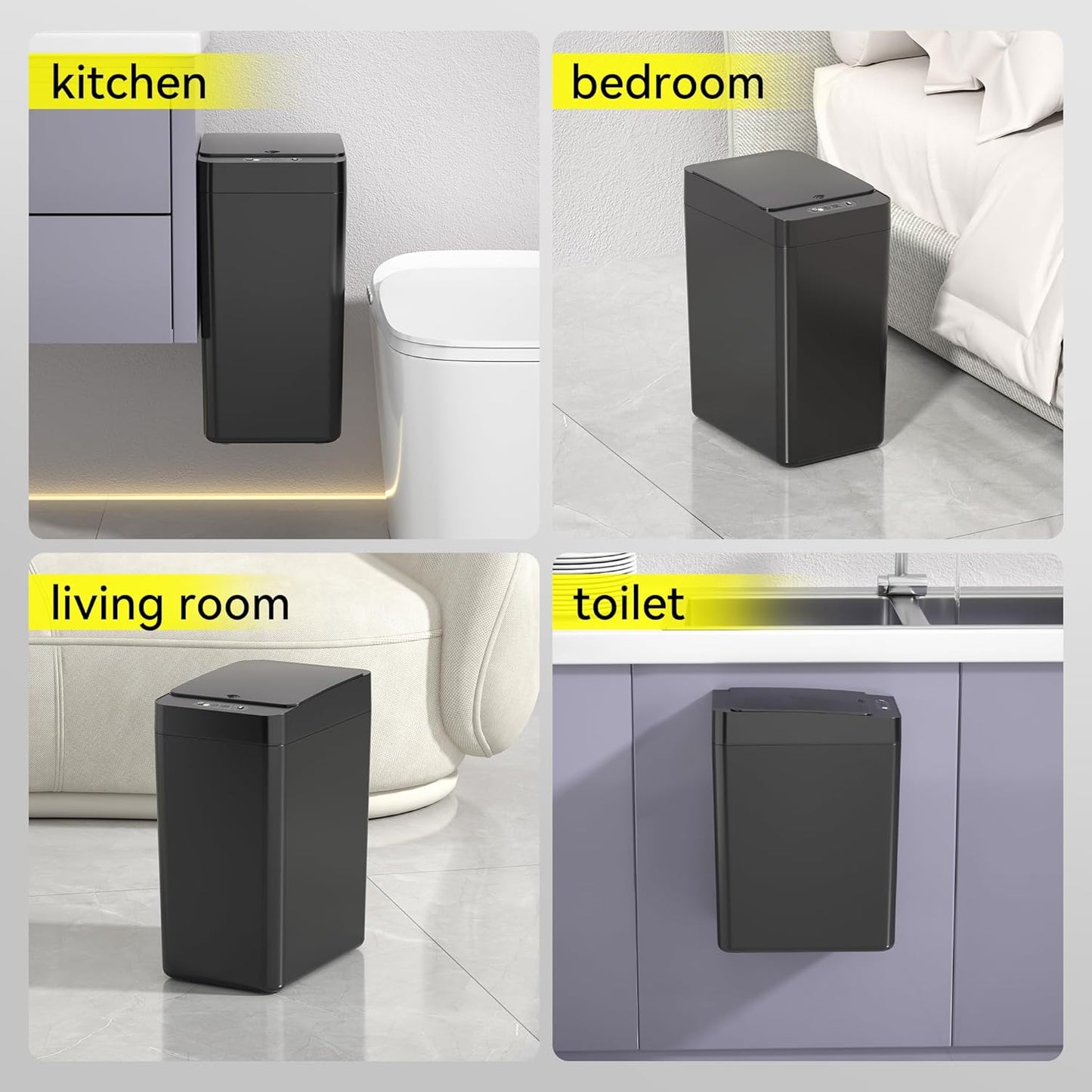 IRINNA 2Pack Bathroom Small Trash Can with Lid, 2.6 Gallon Touchless Automatic Garbage Can Slim Waterproof Motion Sensor Smart Trash Bin for Bedroom, Office, Kitchen, Living Room (Black)