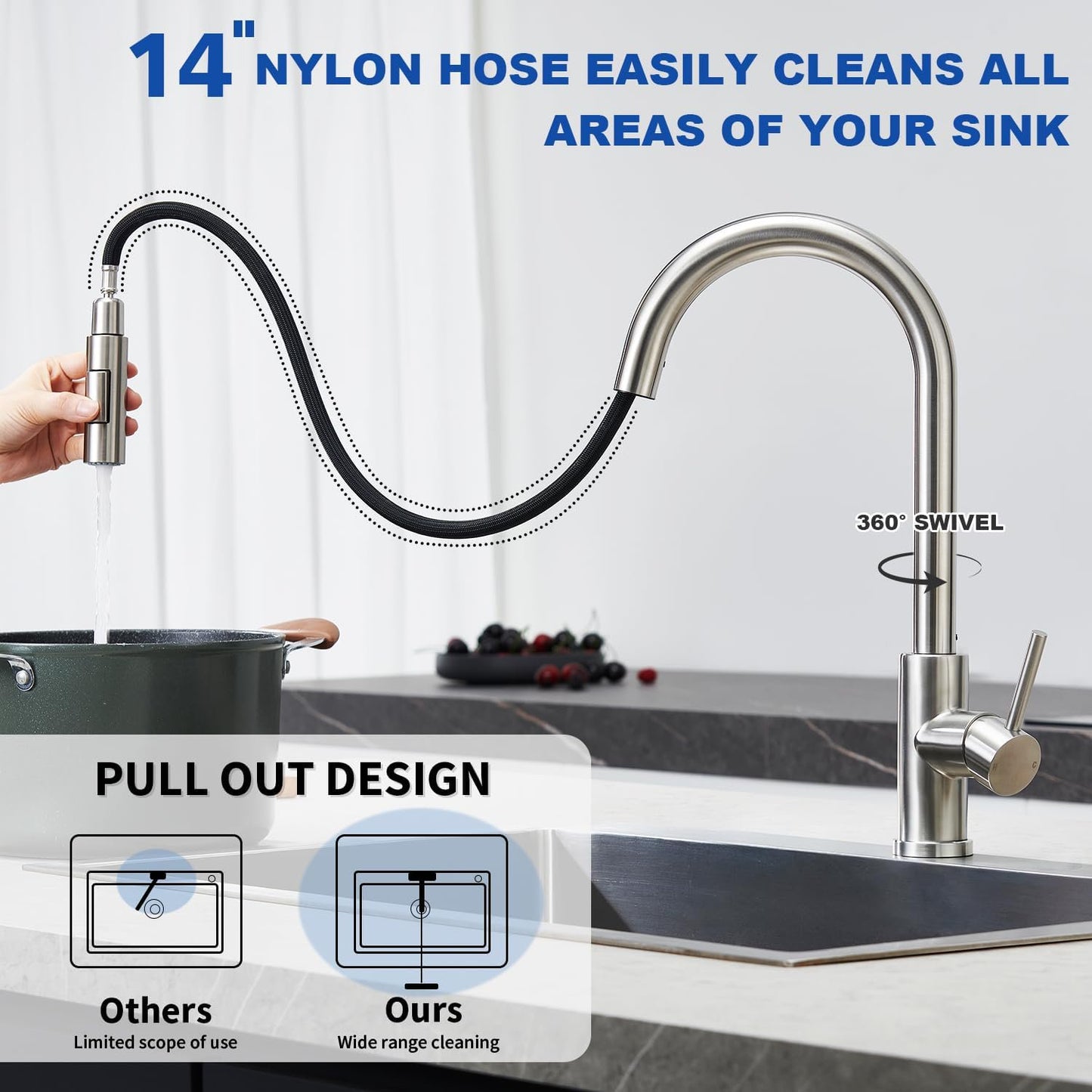 Mikhai Kitchen Faucets with Pull Down Sprayer, Brushed Nickel, High Arc Single Handle Classic Stainless Steel Sink Faucet 1 Hole, Suitable for Farmhouse Camper Laundry Rv Bar, White