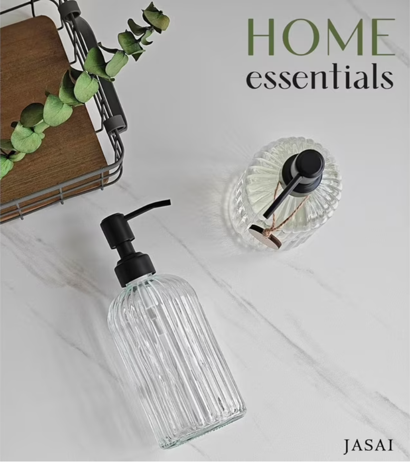 2PACK Glass Soap Dispenser with Rust Proof Stainless Steel Pump, Refillable Hand Soap Dispenser with Vertical Stripe, Premium Bathroom soap Dispenser for Kitchen & Bathroom