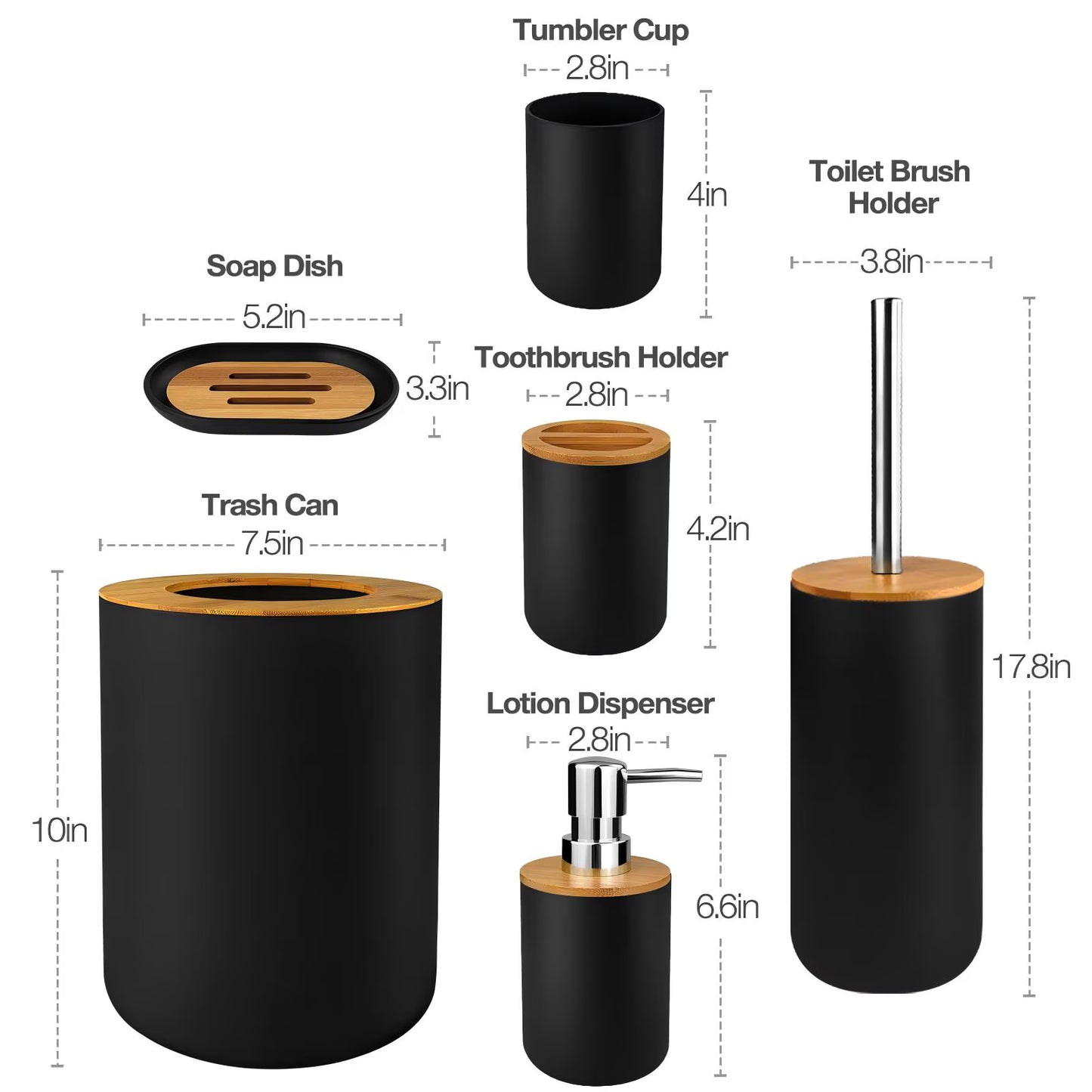 Bathroom Accessories Set 6 Pcs Bathroom Set Ensemble Complete Soap Dispenser Toothbrush Holder Tumbler Soap Dish Toilet Cleaning Brush Trash Can, Thread Black