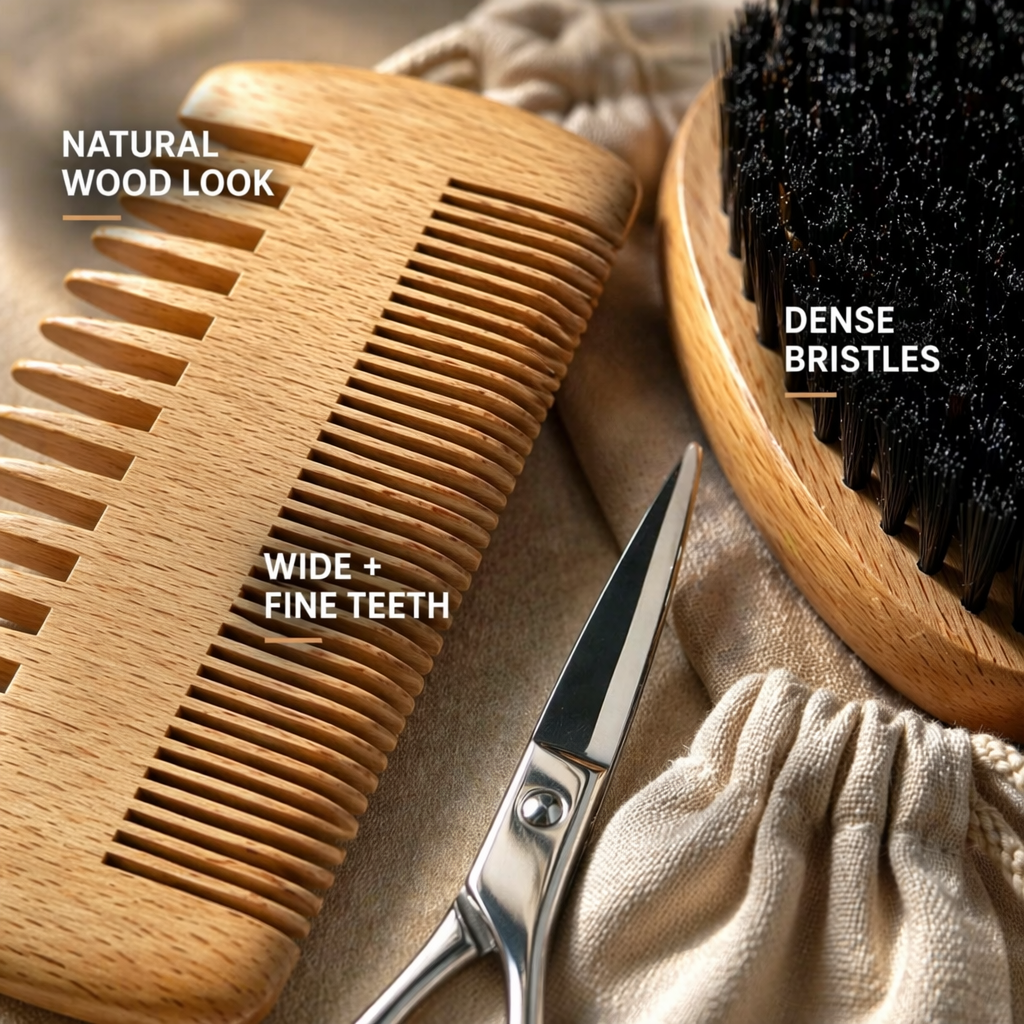 Beard Comb & Beard Brush Set for Men -Natural Boar Bristle Brush and Dual Action Pear Wood Comb w/Velvet Travel Pouch - Great for Grooming Beards and Mustaches