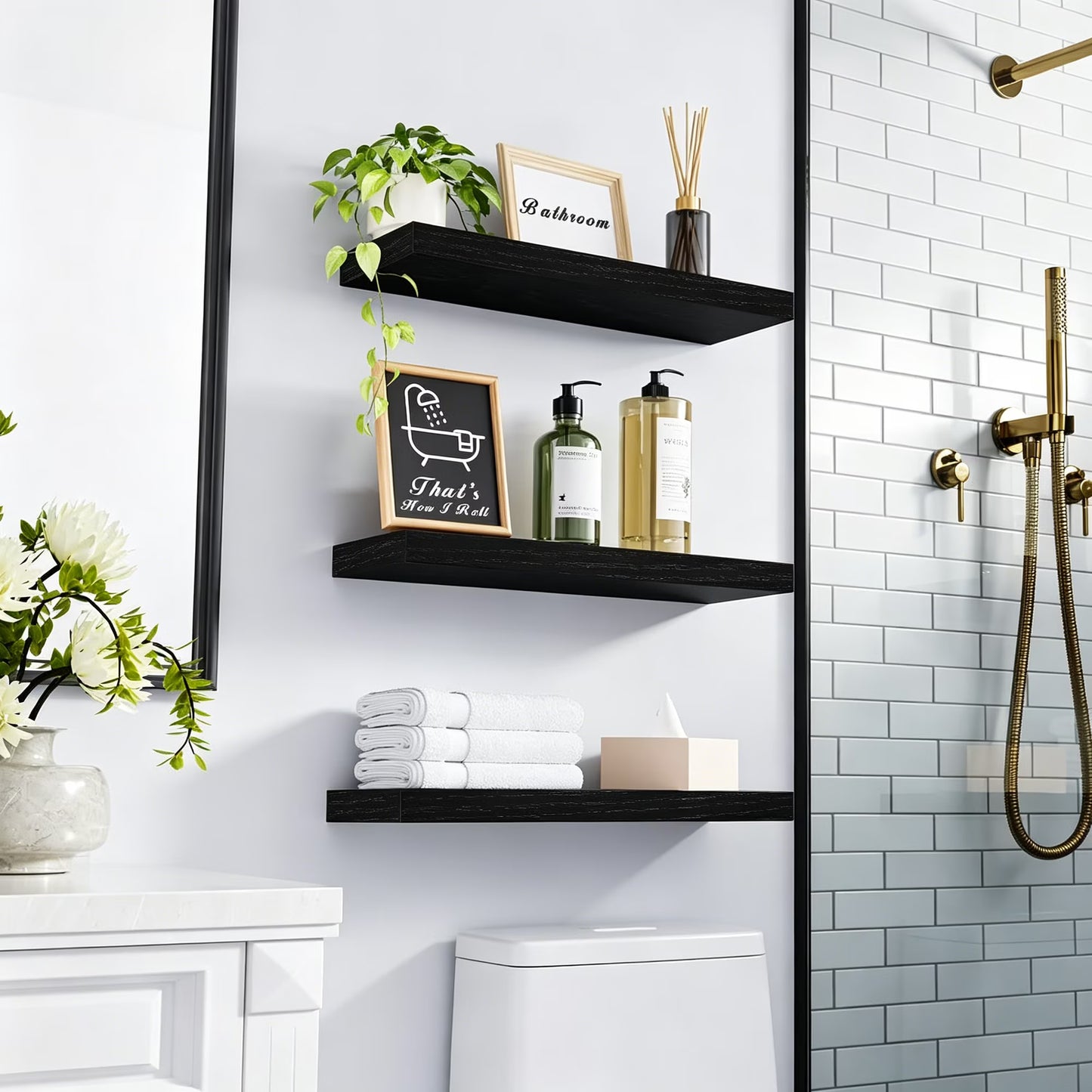 16 inch 3 Pack Wood Floating Shelves, Hanging Float Shelf for Bathroom, Bedroom, Living Room, Kitchen with 22lbs Capacity, Wall Mounted Decorative Shelves, 16 x 5.8 x0.6 Inch, Set of 3, Black