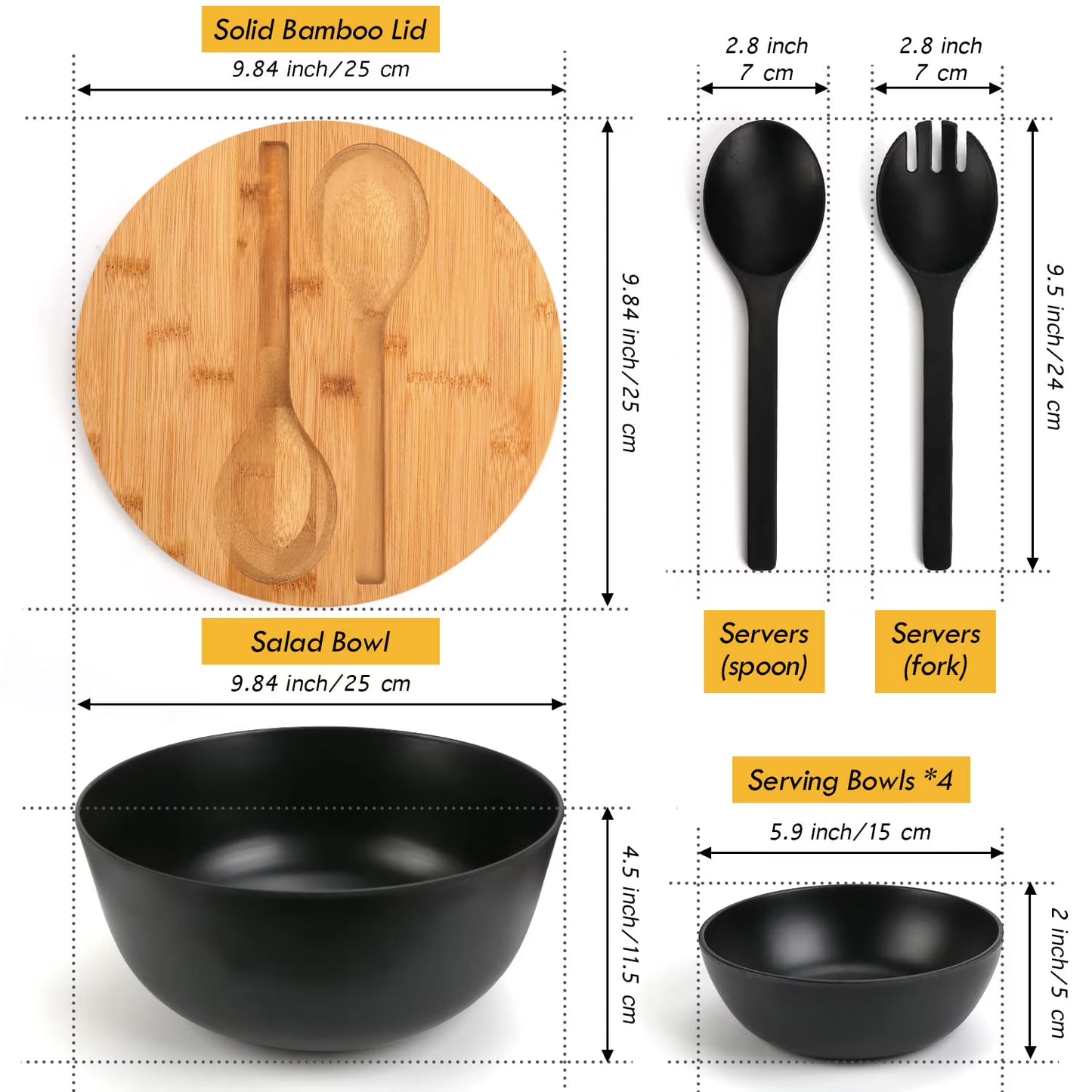 Bamboo Fiber Salad Bowl with Servers Set Large 9.8inches Nature Bamboo Mixing Bowl with Servers with Lid Spoon and Fork for Fruits,Salads and Vegetables