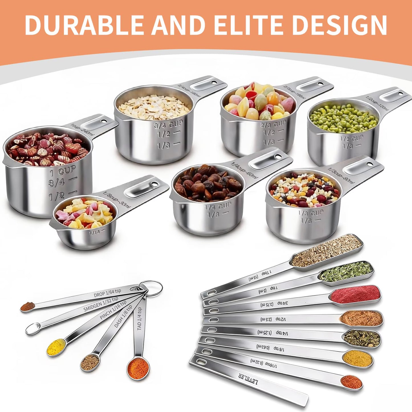 Yilush Cups and Spoons Set, 7 Stainless Steel Nesting Measuring Cups & 7 Spoons, 5 Mini Measuring Spoons &1 Leveler, Kitchen Gadgets for Cooking & Baking, Squar
