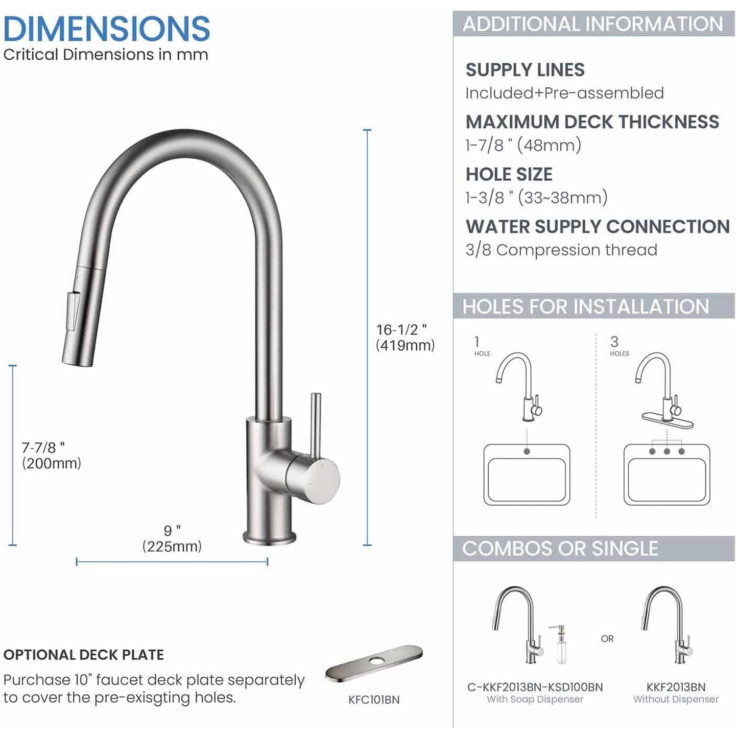 Mikhai Kitchen Faucets with Pull Down Sprayer, Brushed Nickel, High Arc Single Handle Classic Stainless Steel Sink Faucet 1 Hole, Suitable for Farmhouse Camper Laundry Rv Bar, White