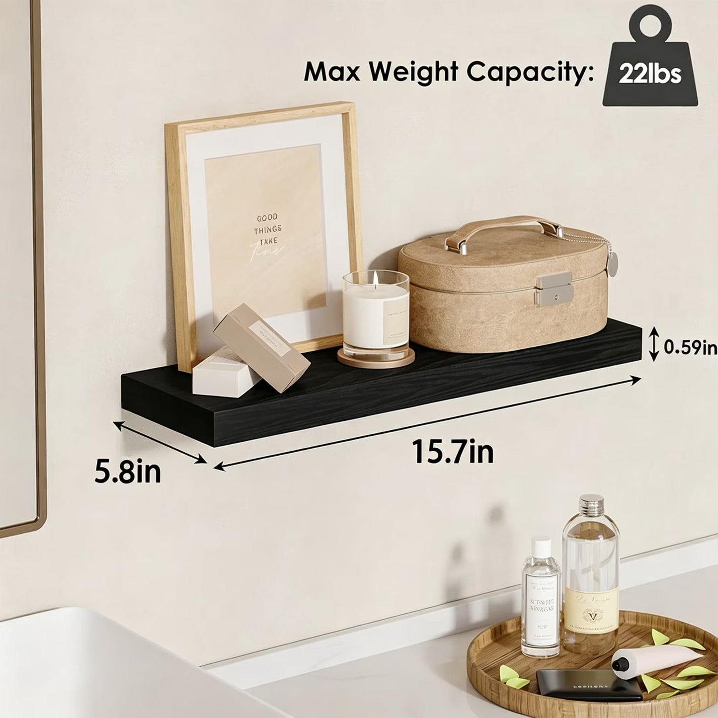 16 inch 3 Pack Wood Floating Shelves, Hanging Float Shelf for Bathroom, Bedroom, Living Room, Kitchen with 22lbs Capacity, Wall Mounted Decorative Shelves, 16 x 5.8 x0.6 Inch, Set of 3, Black