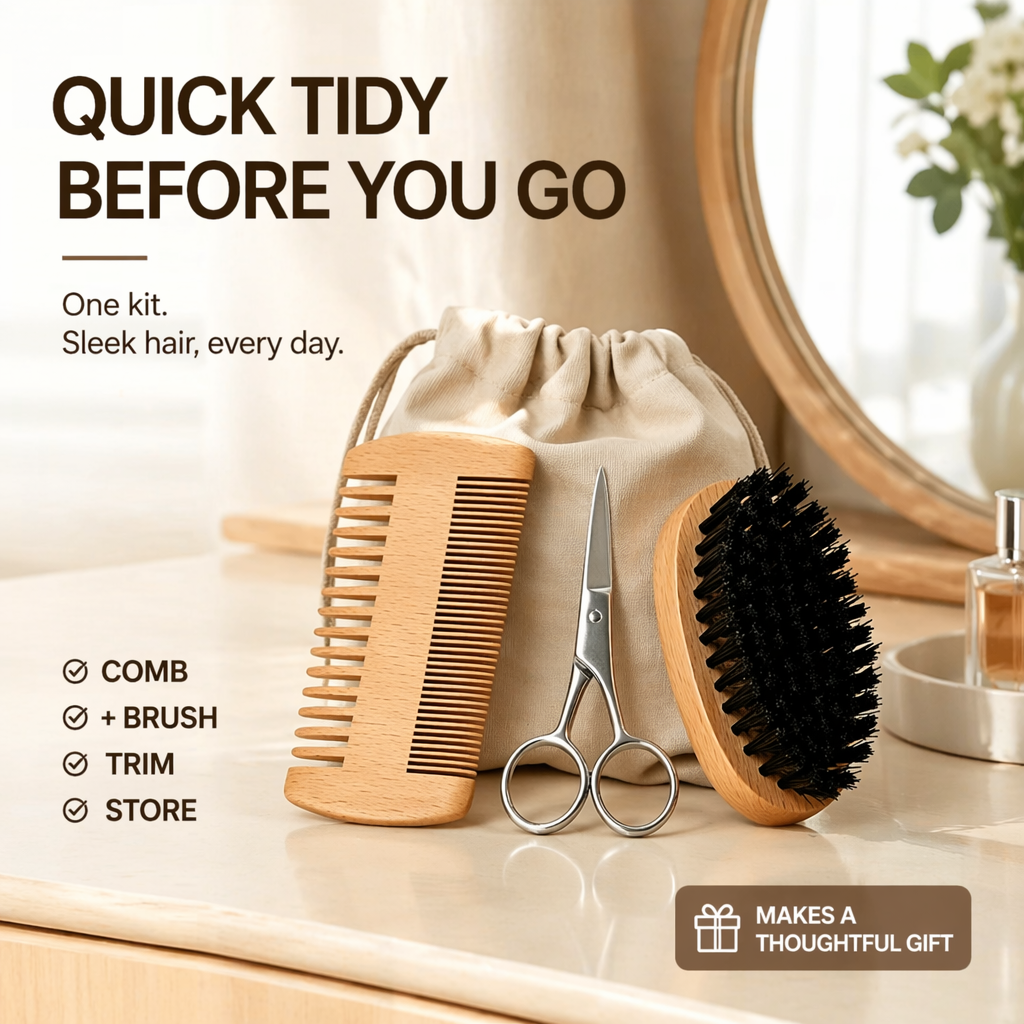 Beard Comb & Beard Brush Set for Men -Natural Boar Bristle Brush and Dual Action Pear Wood Comb w/Velvet Travel Pouch - Great for Grooming Beards and Mustaches