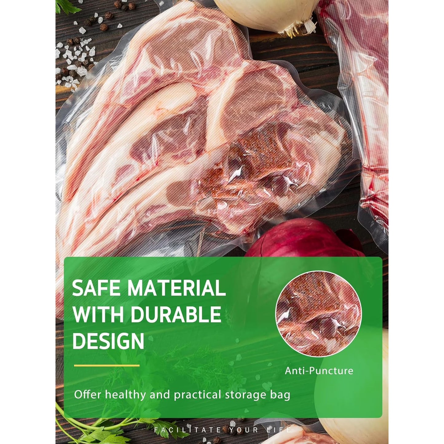 Food Grade Vacuum Seal Bags, Reusable Freezer Safe, Easy Tear, Multi Size for Meat, Fish, Tea & Kitchen Storage