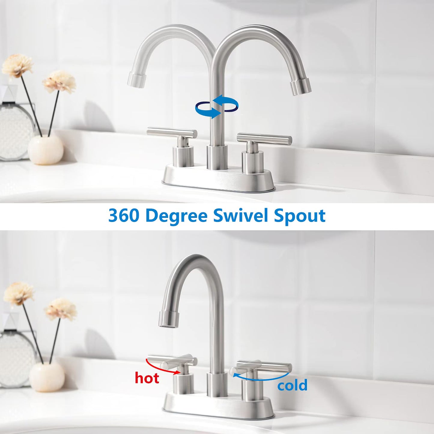 Mikhai Bathroom Faucets 3 Hole, 4 inch Bathroom Faucet 3 Hole Matte White with Pop-up Drain and 2 Supply Hoses, Stainless Steel Lead-Free 2-Handle Center set Faucet for Sink Vanity