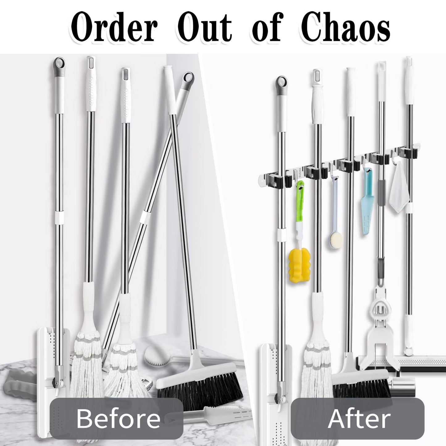 Mikhai 5 Racks and 4 Hooks Mop and Broom Holder Wall Mount, Broom Organizer Storage Tool Racks Stainless Steel Heavy Duty Hooks Self Adhesive Solid Non-slip for Home Kitchen Garden Laundry Garage