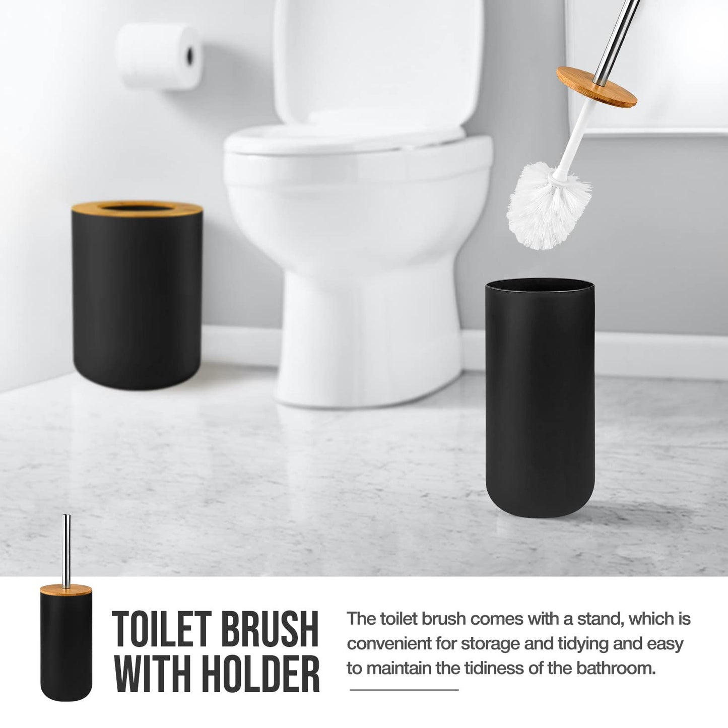 Bathroom Accessories Set 6 Pcs Bathroom Set Ensemble Complete Soap Dispenser Toothbrush Holder Tumbler Soap Dish Toilet Cleaning Brush Trash Can, Thread Black