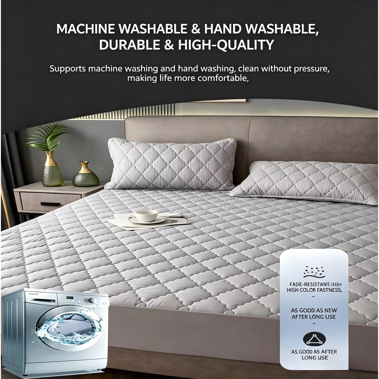 Waterproof Mattress Protector Pad Queen Machine Washable, Breathable Mattress Topper with Deep Pockets, All-Season Use, Hotel Quality (Queen, Grey)