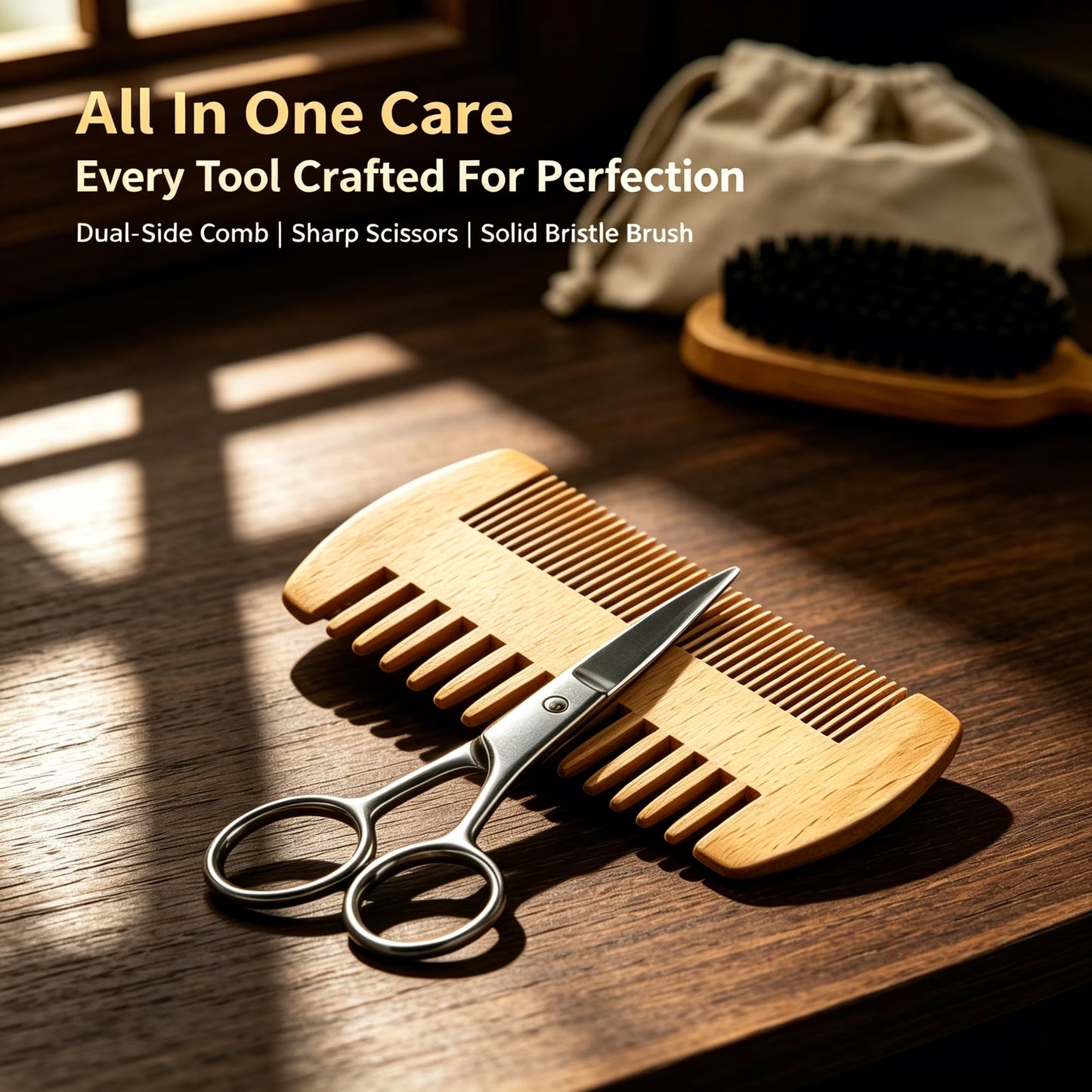 Beard Comb & Beard Brush Set for Men -Natural Boar Bristle Brush and Dual Action Pear Wood Comb w/Velvet Travel Pouch - Great for Grooming Beards and Mustaches