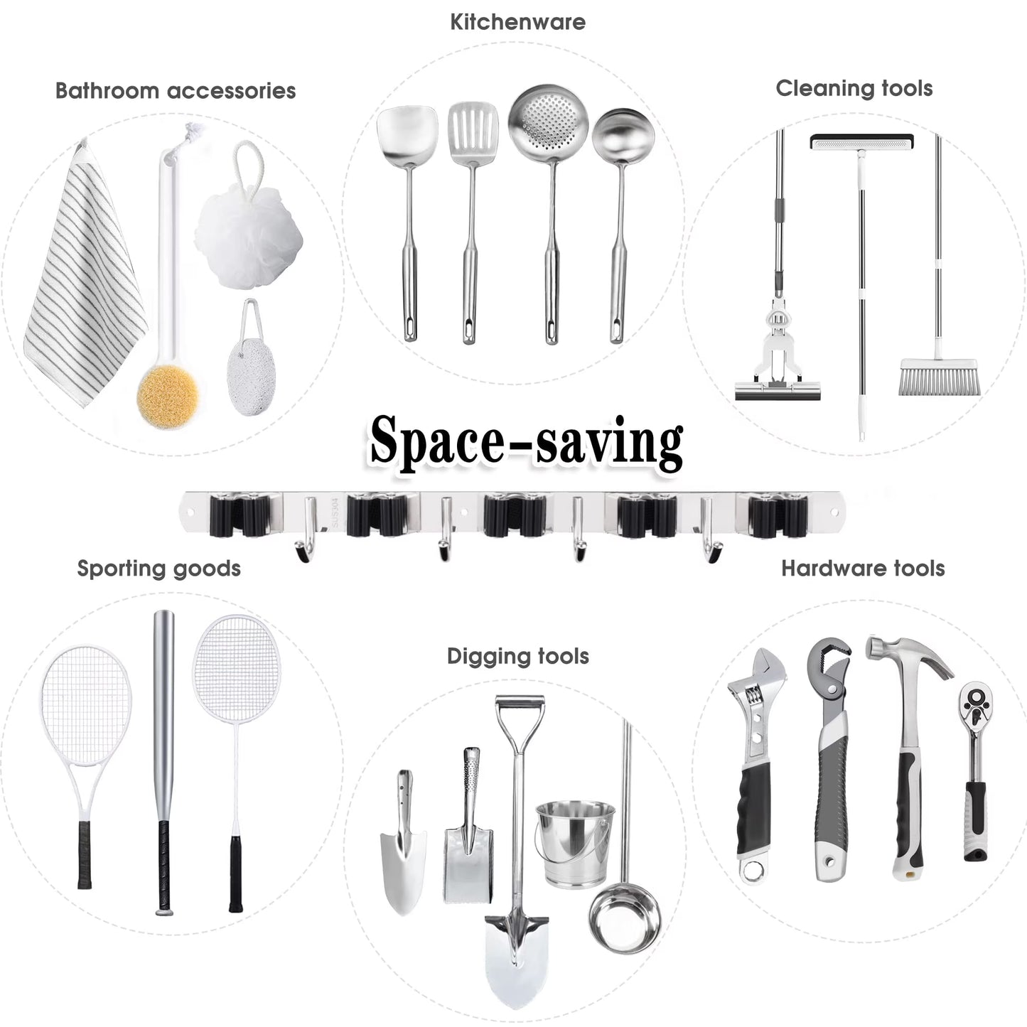 Mikhai 5 Racks and 4 Hooks Mop and Broom Holder Wall Mount, Broom Organizer Storage Tool Racks Stainless Steel Heavy Duty Hooks Self Adhesive Solid Non-slip for Home Kitchen Garden Laundry Garage