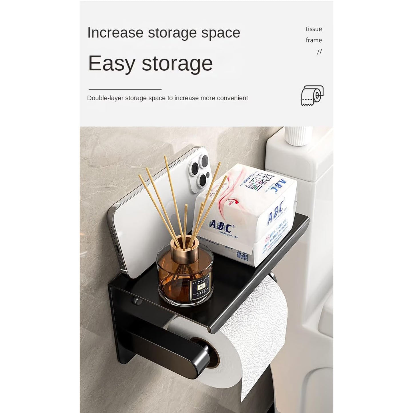 Carestrong Self Adhesive Toilet Paper Holder with Phone Shelf Stainless Steel Wall Mounted Paper Towel Holder - Rustproof and Bathroom Washroom Tissue Roll Holder with Shelf - Black