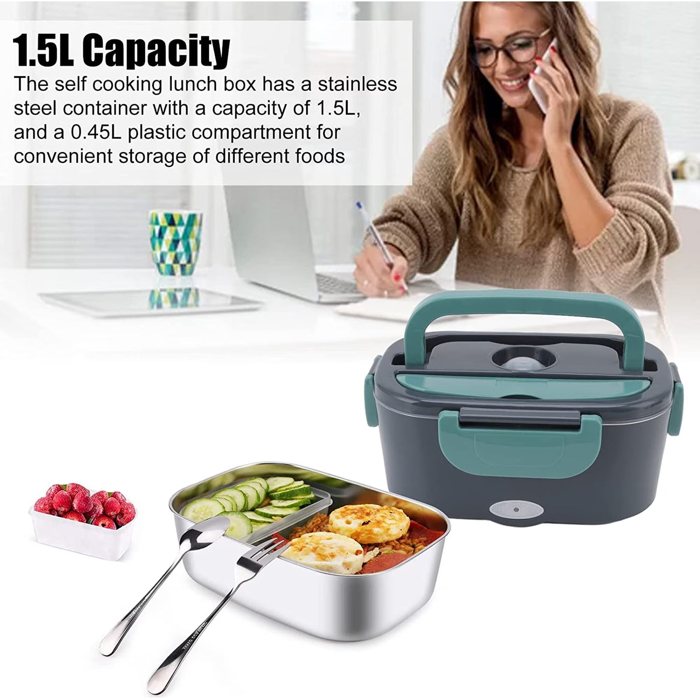 Carestrong Electric-Lunch-Box-Heated-Food-Warmer 40W Heating Lunchbox for Adults 1.5L Portable Food Heater for Work/Car, 12V/24V/110-240V Portable Electric with Fork Spoon (black+Green)