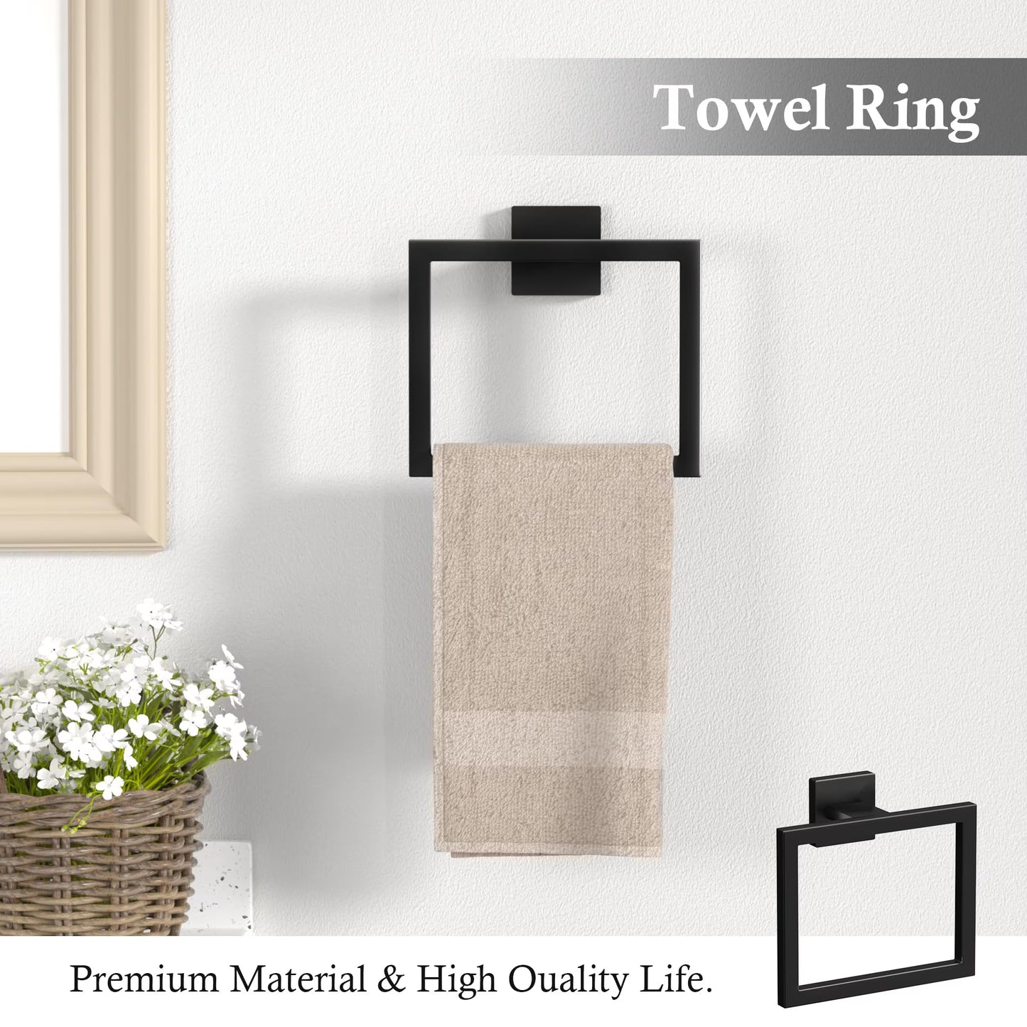 Matte Black 5-Piece Square Bathroom Hardware Set,40cm Towel Bar,Toilet Paper Holder,Towel Ring,and 2 Towel Hooks,SUS 304 Stainless Steel Bathroom Accessories,Wall Mounted Towel Rack Kit（Black）