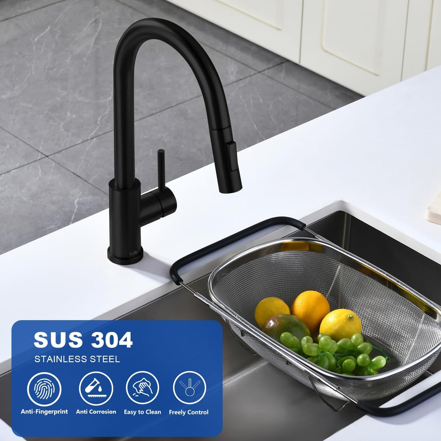 Mikhai Kitchen Faucets with Pull Down Sprayer, Brushed Nickel, High Arc Single Handle Classic Stainless Steel Sink Faucet 1 Hole, Suitable for Farmhouse Camper Laundry Rv Bar, Black
