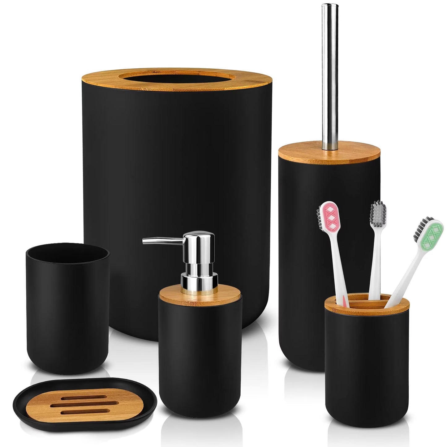 Bathroom Accessories Set 6 Pcs Bathroom Set Ensemble Complete Soap Dispenser Toothbrush Holder Tumbler Soap Dish Toilet Cleaning Brush Trash Can, Thread Black