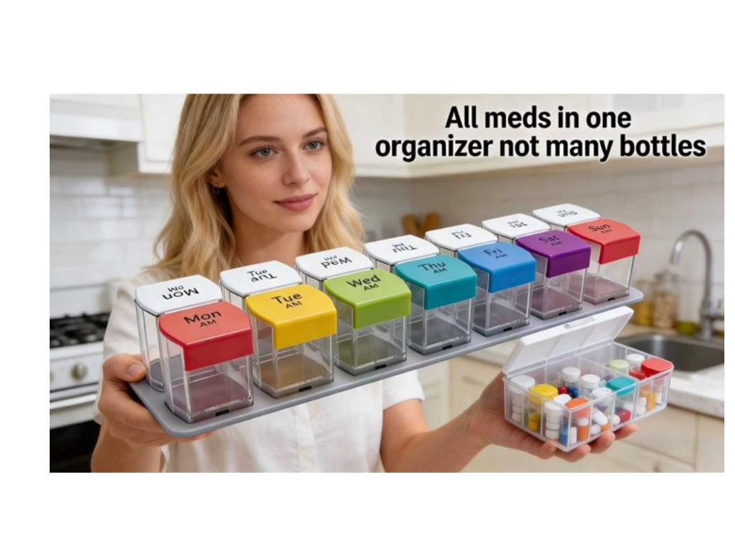 Weekly Pill Organizer Arthritis Friendly, BPA Free Travel 7 Day Pill Box Case with Spring Open Design and Large Compartment to Hold Vitamins, Cod Liver Oil, Supplements and Medication