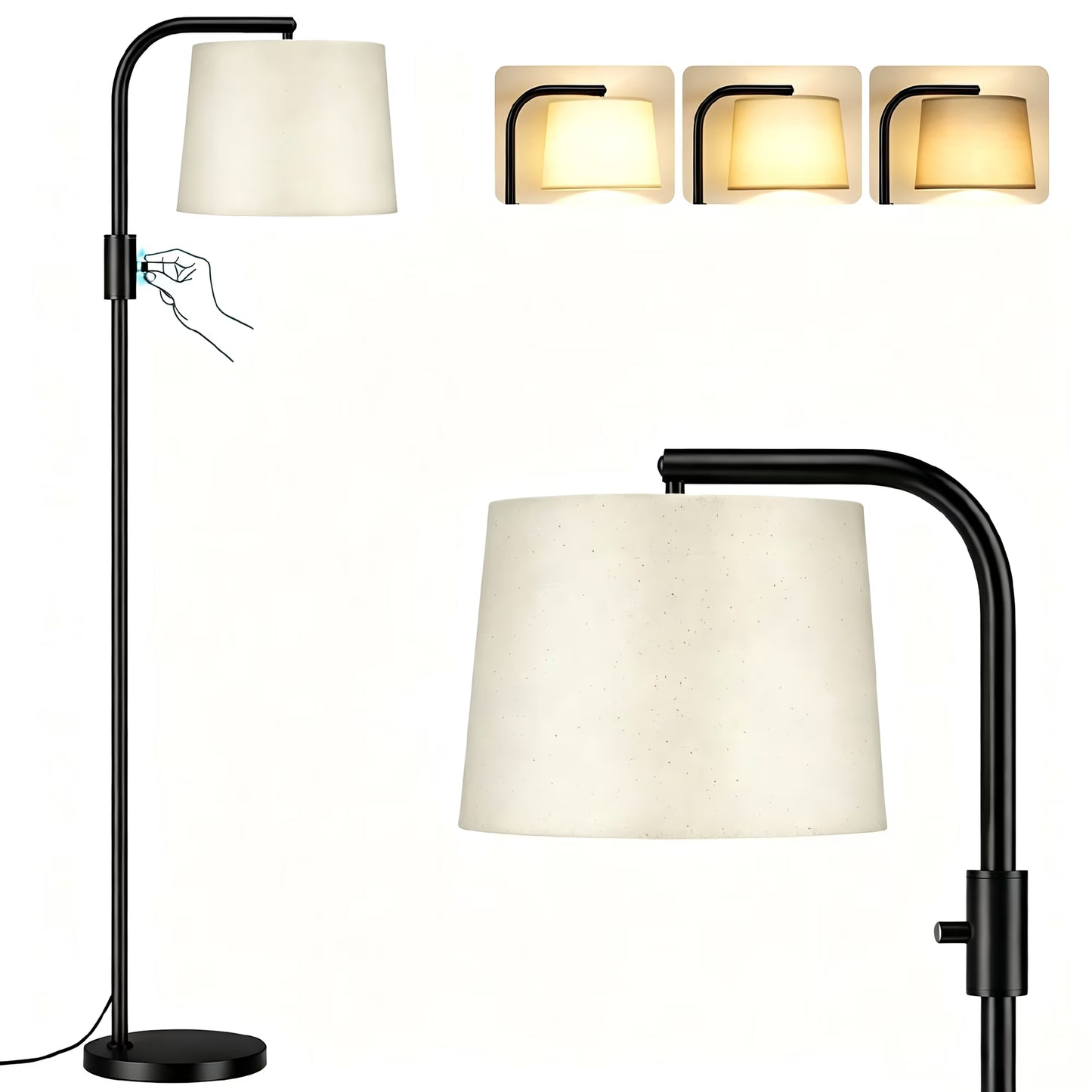 Capino Tall Floor Lamps with 3 Color Temperatures Bulb & Adjustable Linen Shade, for Living Room, Bedroom, Office, Classroom, Dorm Room , Beige.
