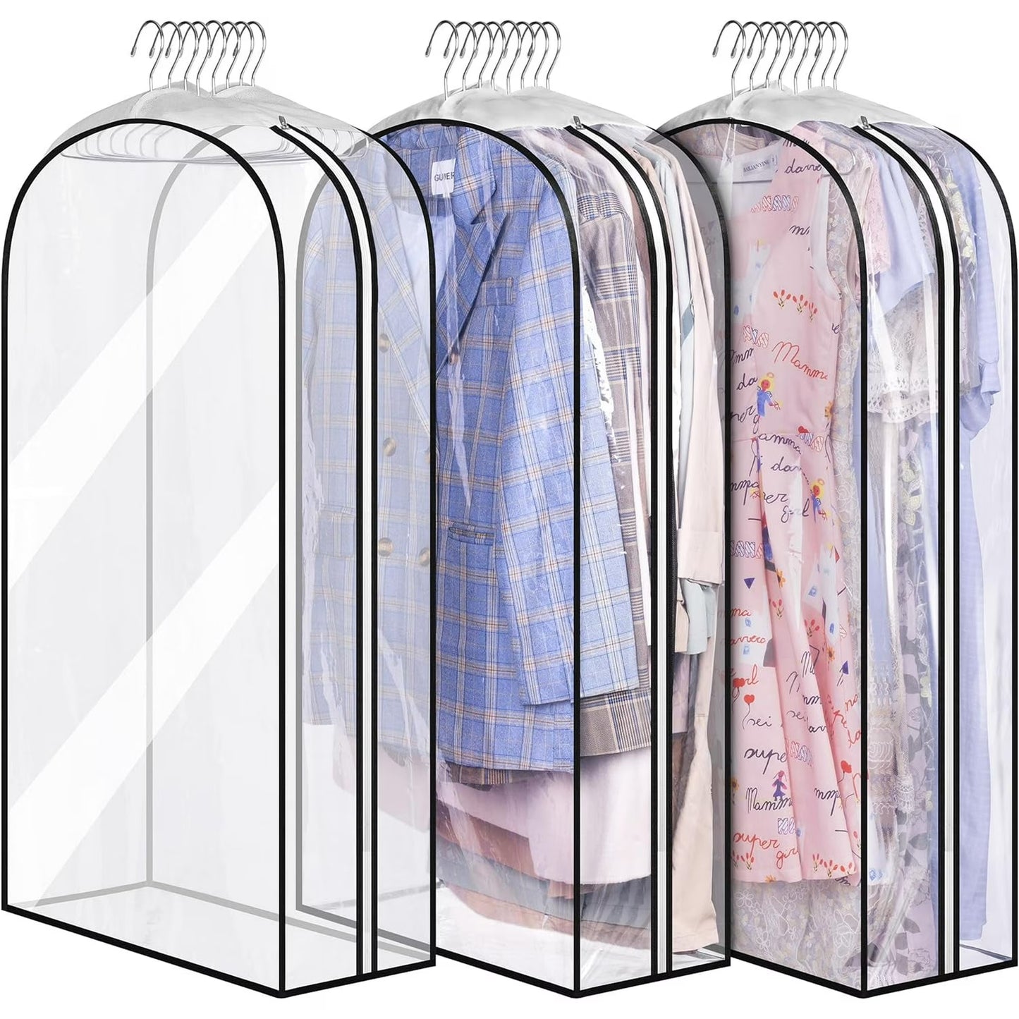 Carestrong 40" Travel Garment Bag with Accessories Zipper Pocket, Heavy Duty Suit Bag for Suits, Tuxedos, Dresses, Coats, Clear, 3 pack