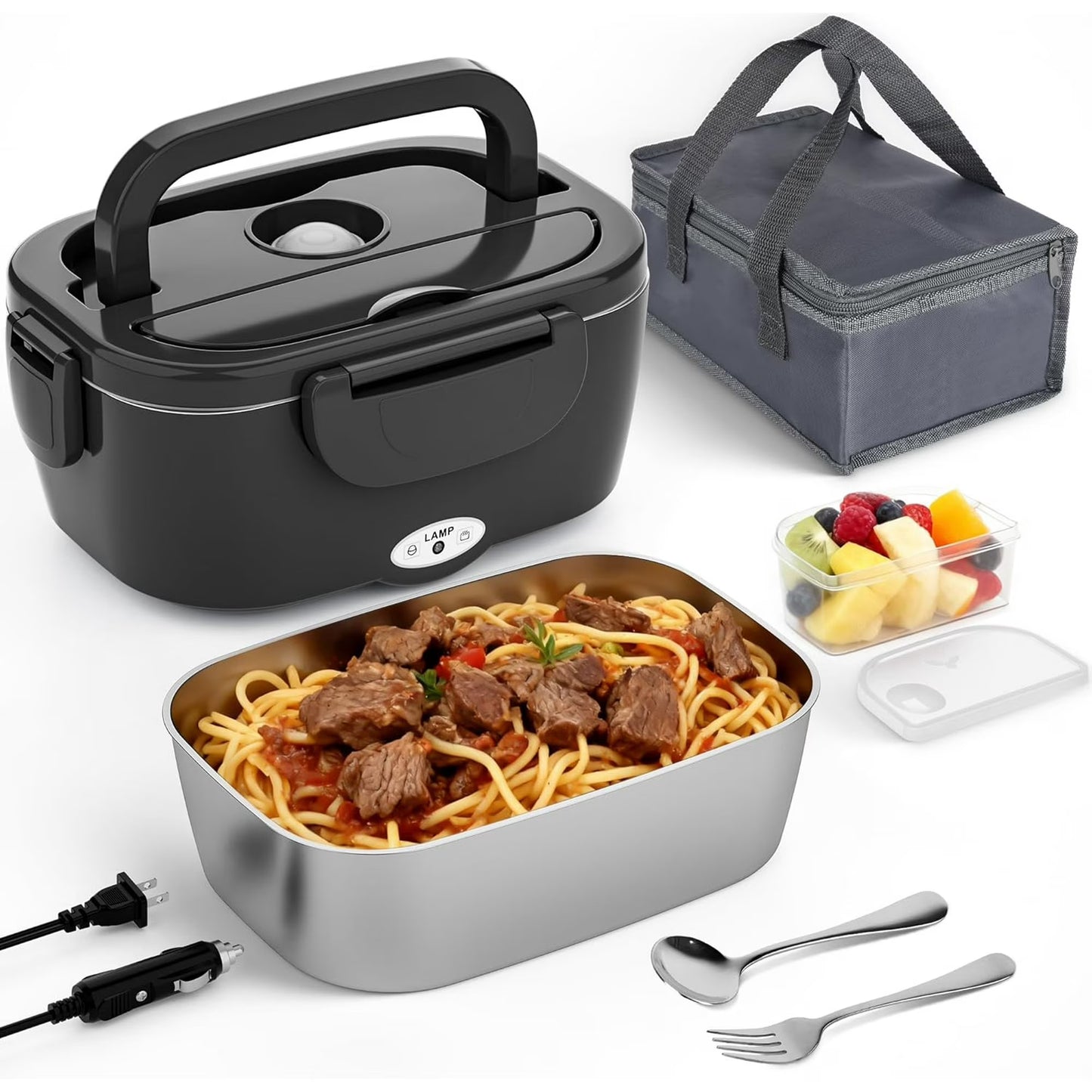 Electric Lunch Box Food Heater, 80W Portable Warmer for Car Truck Work with 304 Stainless Steel Container, 12V/24V/110V Green Heated Lunch Box Suitable for Ideal Driver/Work/Gift